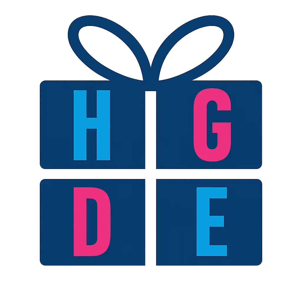 Blaues und pinkes geschenkbox-logo mit dem wort hugde in fetten blockbuchstaben aus der sammlung alle produkte
