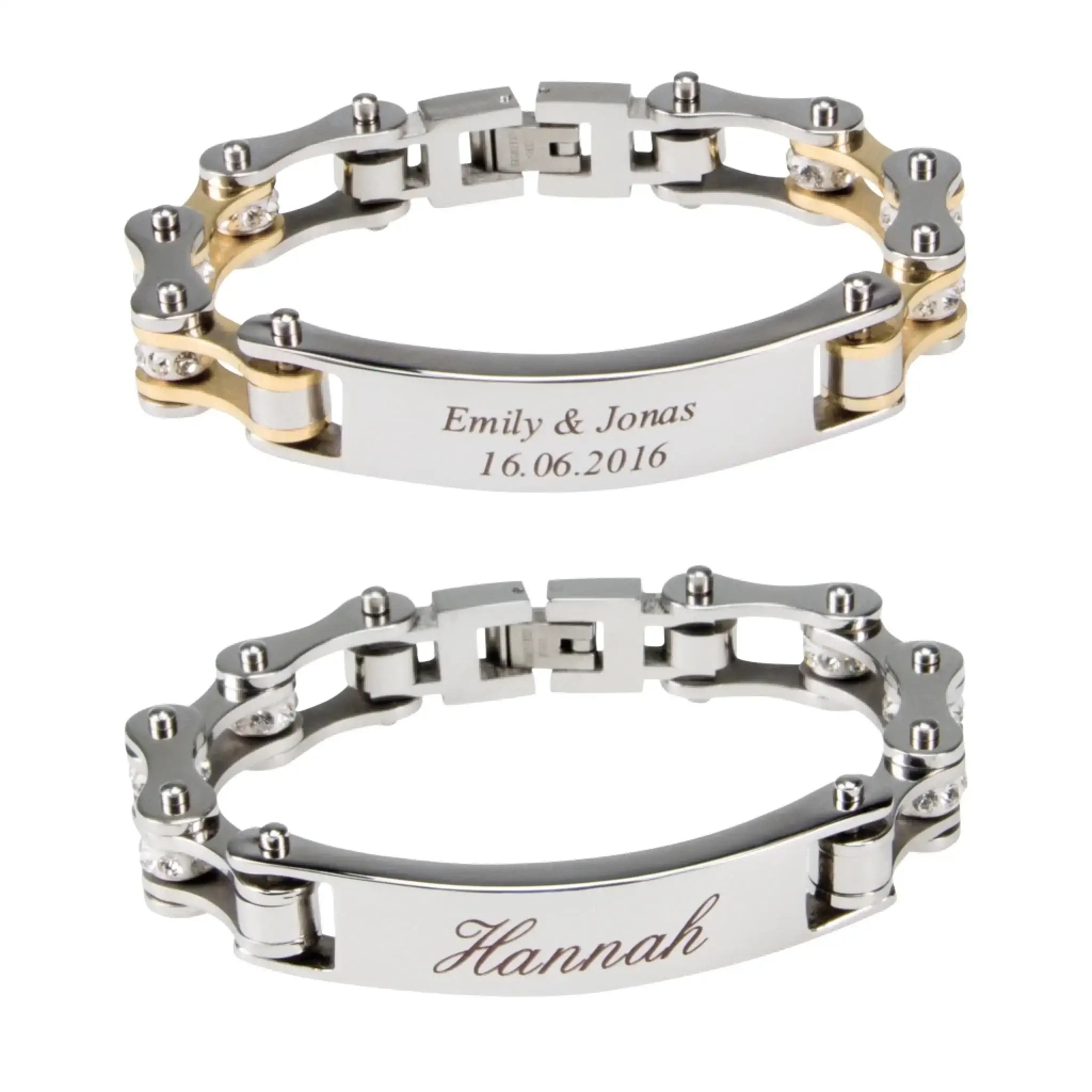 Zwei personalisierte armbänder aus edelstahl und goldton mit gravierten namensschildern und daten