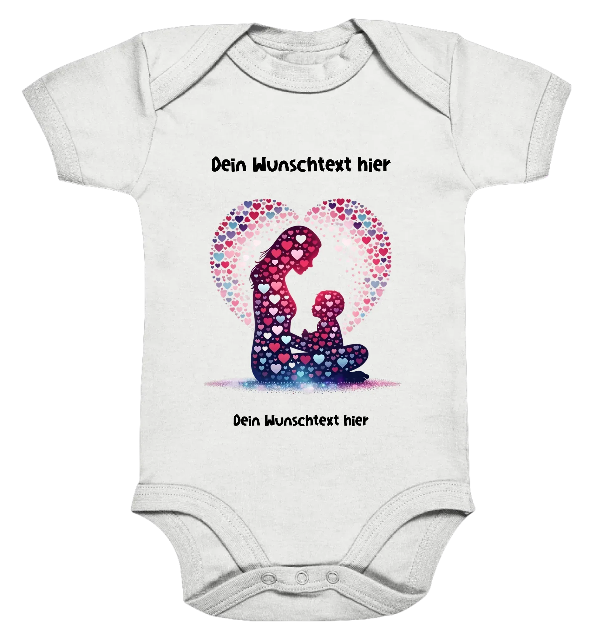 Weißer baby-body mit silhouette von mutter und kind umgeben von buntem herz aus kleinen herzen aus weicher baumwolle