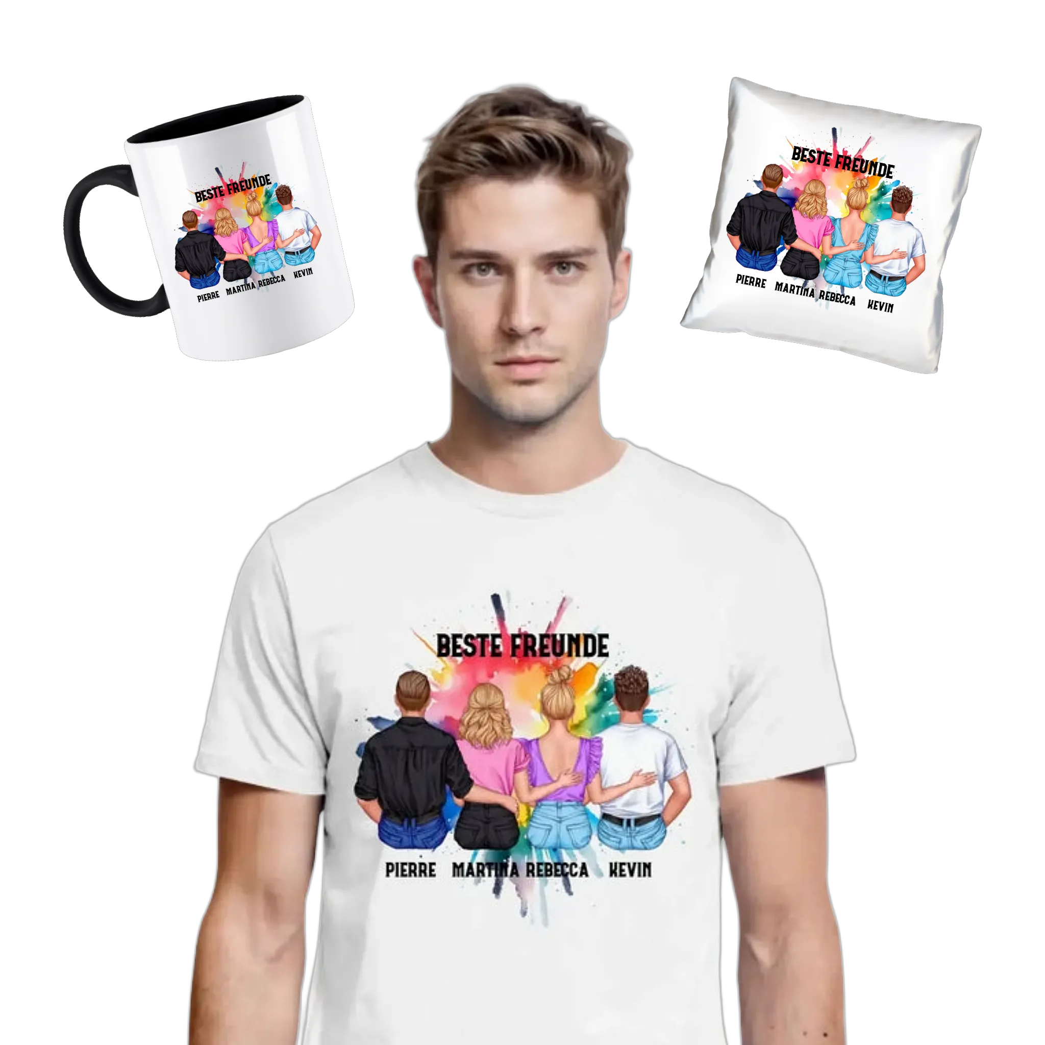 Weiße t-shirt rücken mit farbiger illu von vier freunden beste freunde und deren namen aus der figuren-motive kollektion