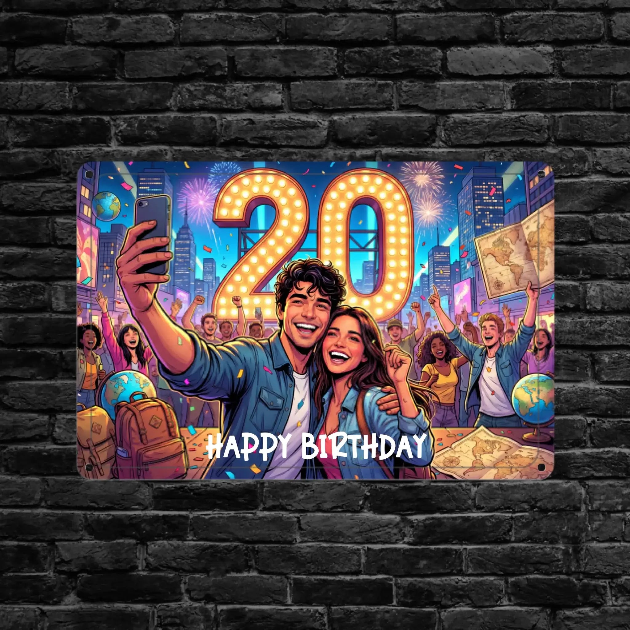 Buntes rechteckiges foto-blechschild zum geburtstag mit cartoon selfie zweier personen unter leuchtenden 20er zahlen.
