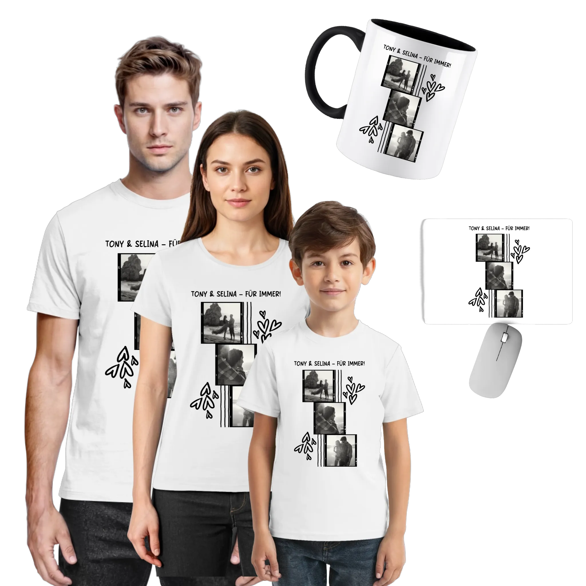 Weiße family foto-motive t-shirts mit schwarzen druckbildern und dekorativen elementen in cooler kollektion