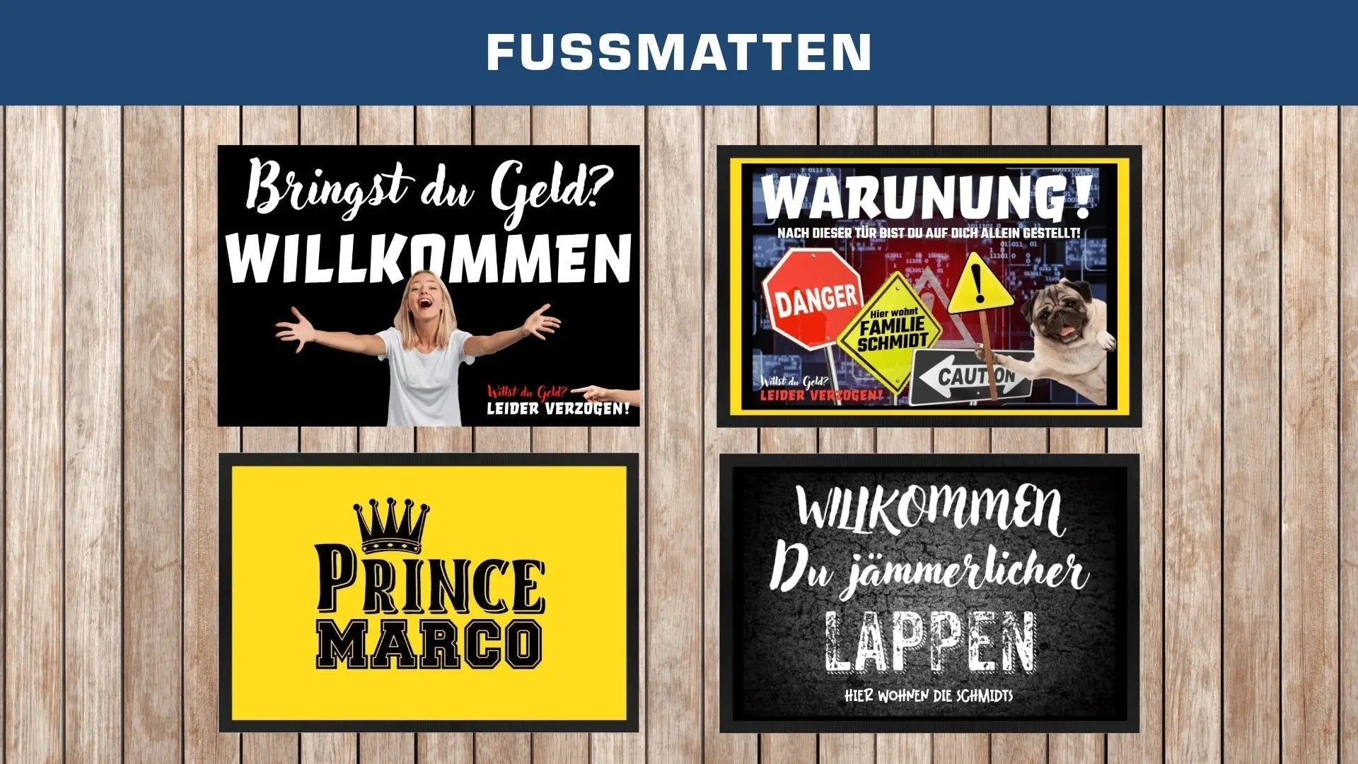 Gelbe rechteckige fußmatte mit schwarzer krone und prince marco text in fetter schrift