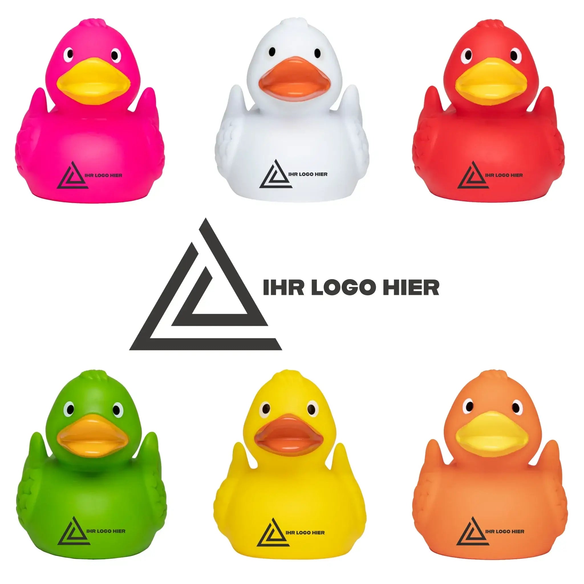 Helle pinke gummiente mit gelbem schnabel schwarzem auge und dreieckigem logo auf dem bauch in großmengen