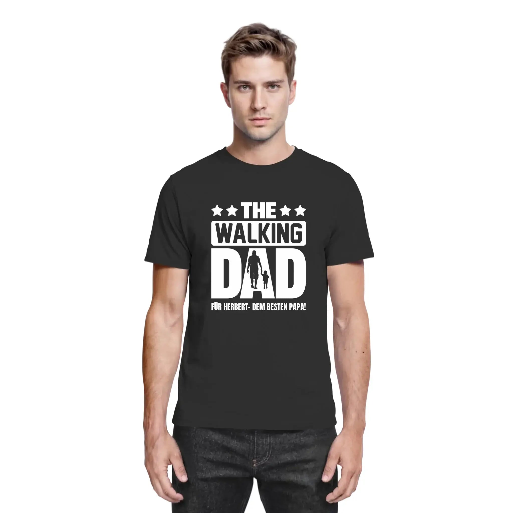 Schwarzes herren t shirt mit weißem walking dad print und silhouette fürs beste papa geschenk