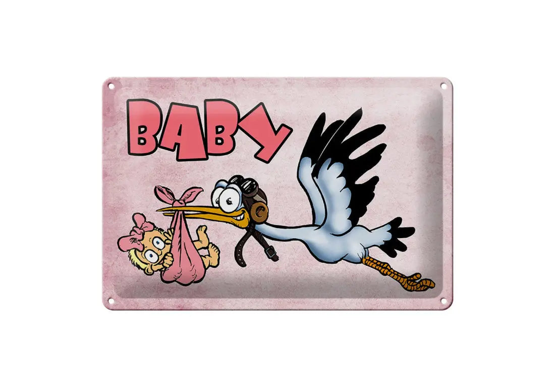 Rosa vintage-metallschild mit cartoon-storch und baby-motiv in 20x30 cm größe aus der schilder-kollektion