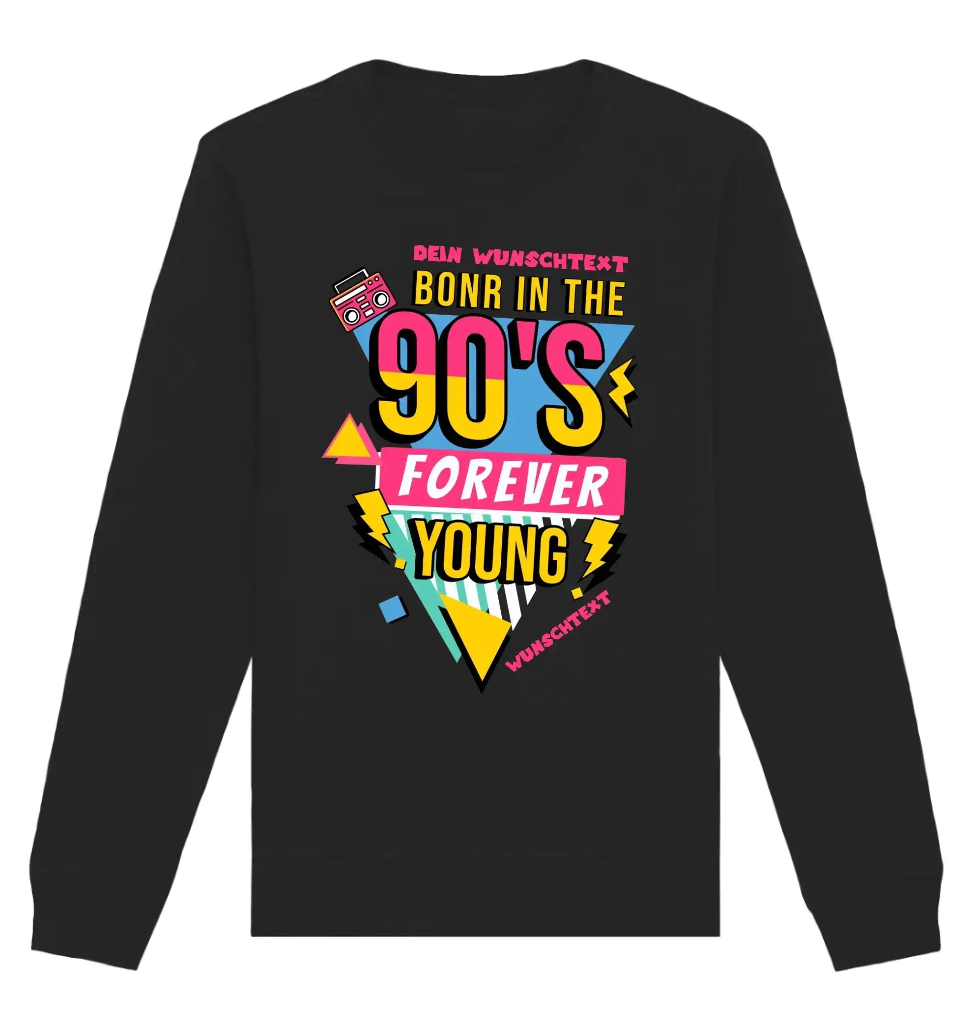 Schwarzer langarm-sweatshirt mit lebendigem 90er-jahre-design aus der sweatshirt-kollektion