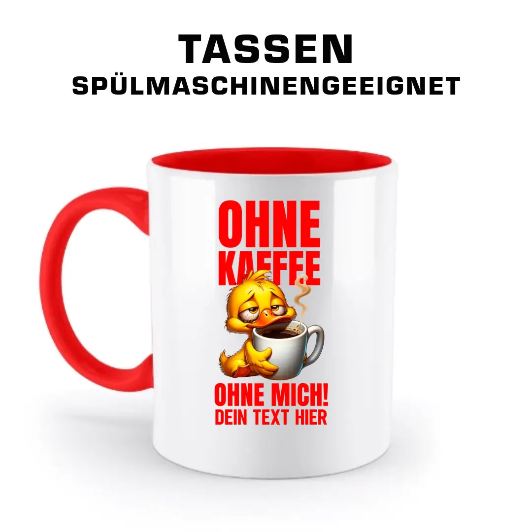 Weiße keramik tasse mit rotem griff und innenfarbe gelbe cartoonente mit kaffee und rotem deutschen text