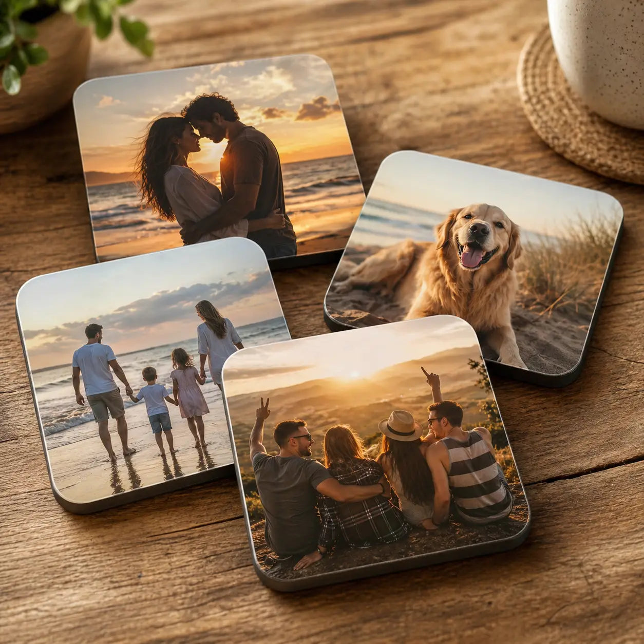 Klar acryl untersetzer set mit silhouette vor buntem sonnenuntergang und sommer 2021 text