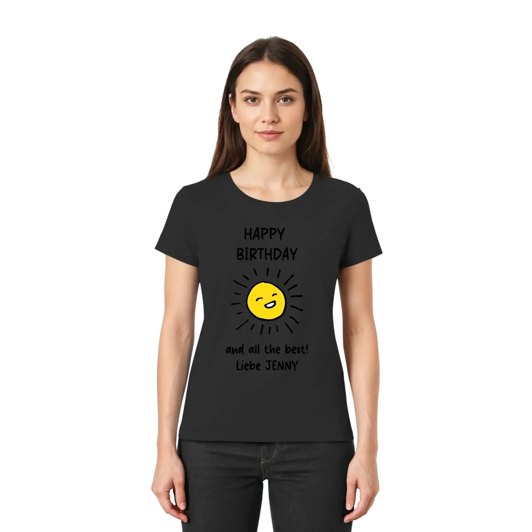 Schwarzes kurzarmshirt mit gelber sonnengrafik und text happy birthday sowie liebe jenny geburtstag motiv 2