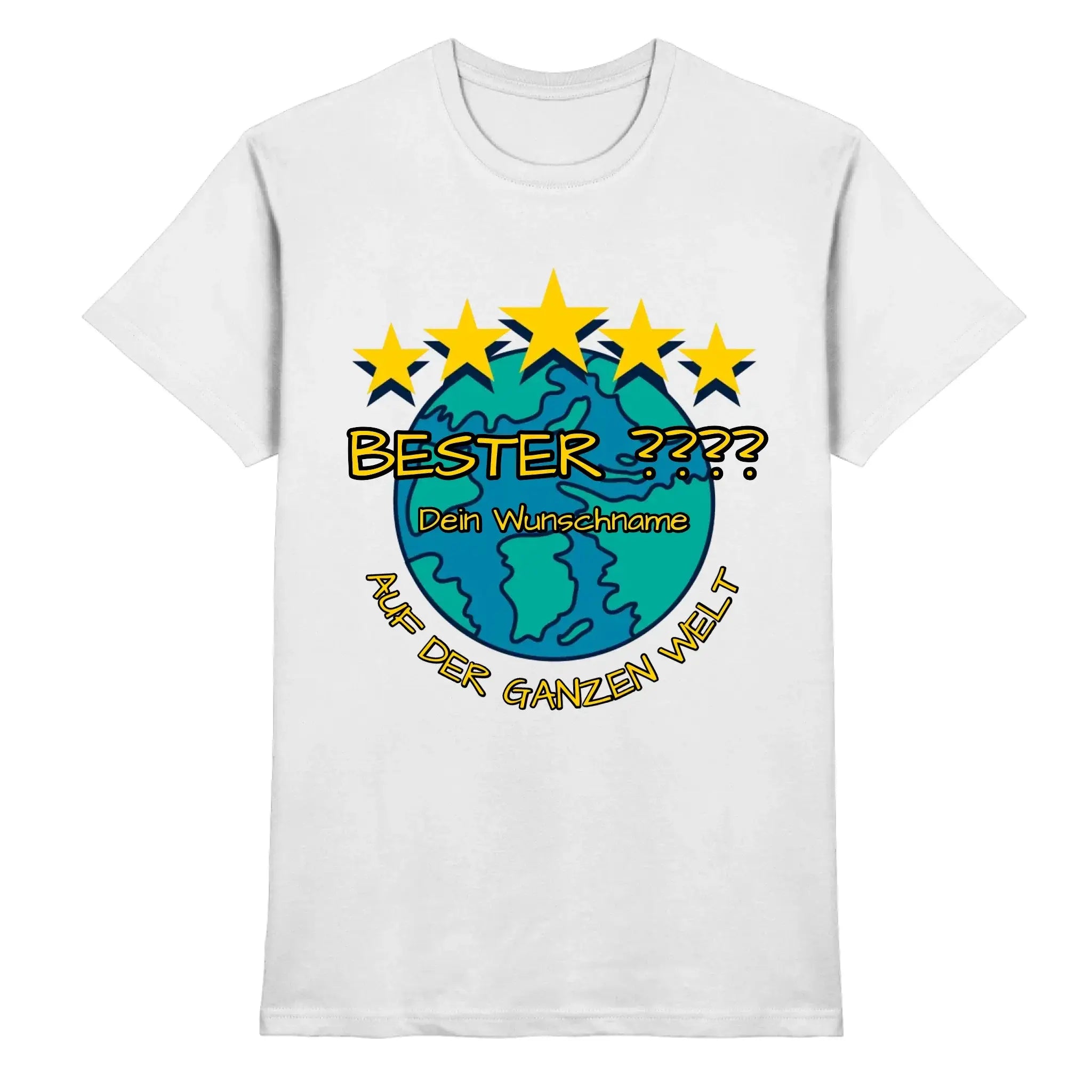 Weißes baumwoll t-shirt mit teal globus und fünf gelben sternen plus personalisierbarem deutschem text