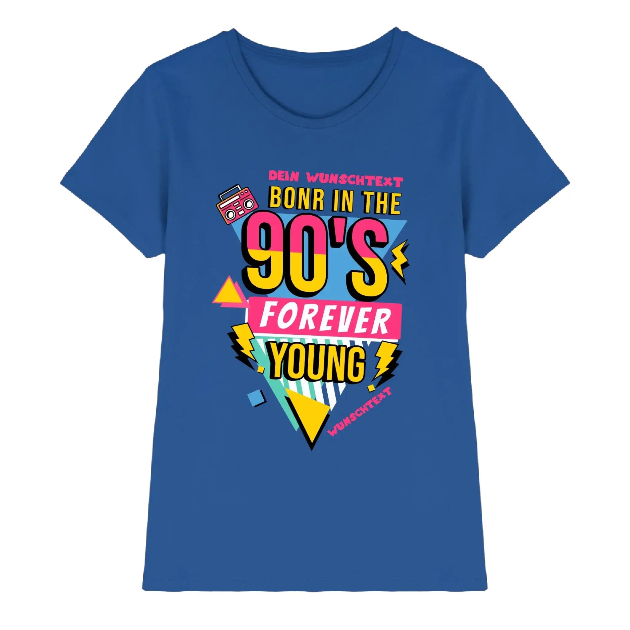 Blaues damen t-shirt mit 90er jahre boombox grafik in gelb und pink aus der statement collection retro style