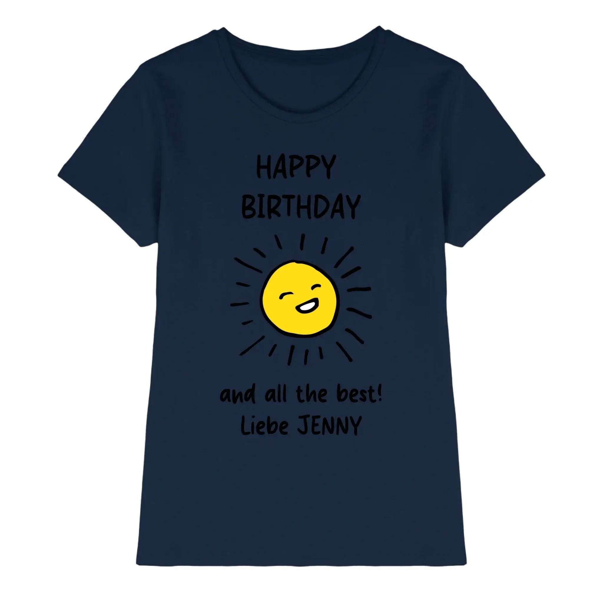 Navy blaues kurzarmshirt mit fröhlicher gelber sonne und schwarzem happy birthday text aus der geburtstag motiv 2 kollektion