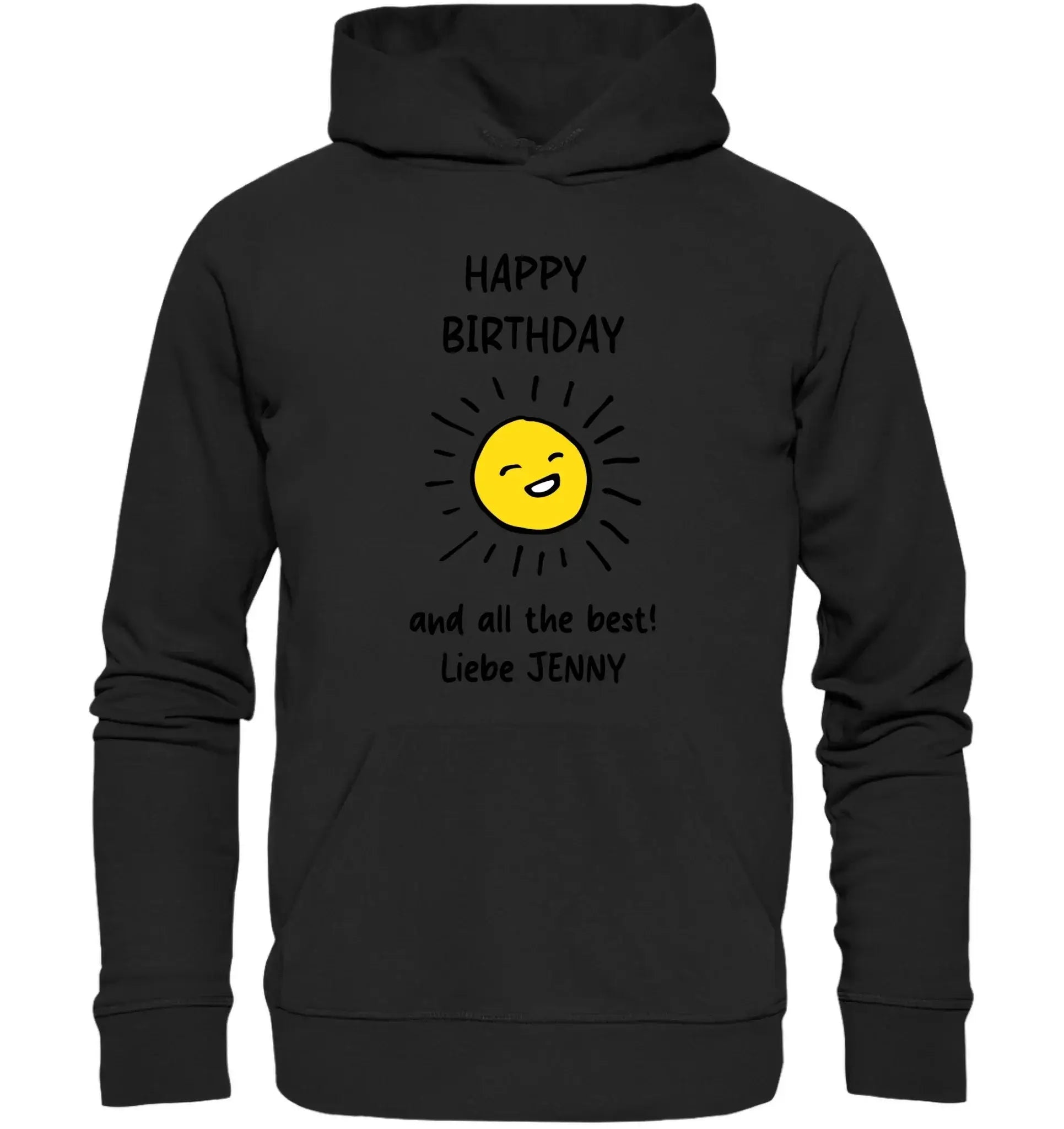Schwarzer hoodie aus der statement-collection mit gelber sonnengrafik und text happy birthday und all the best liebe jenny