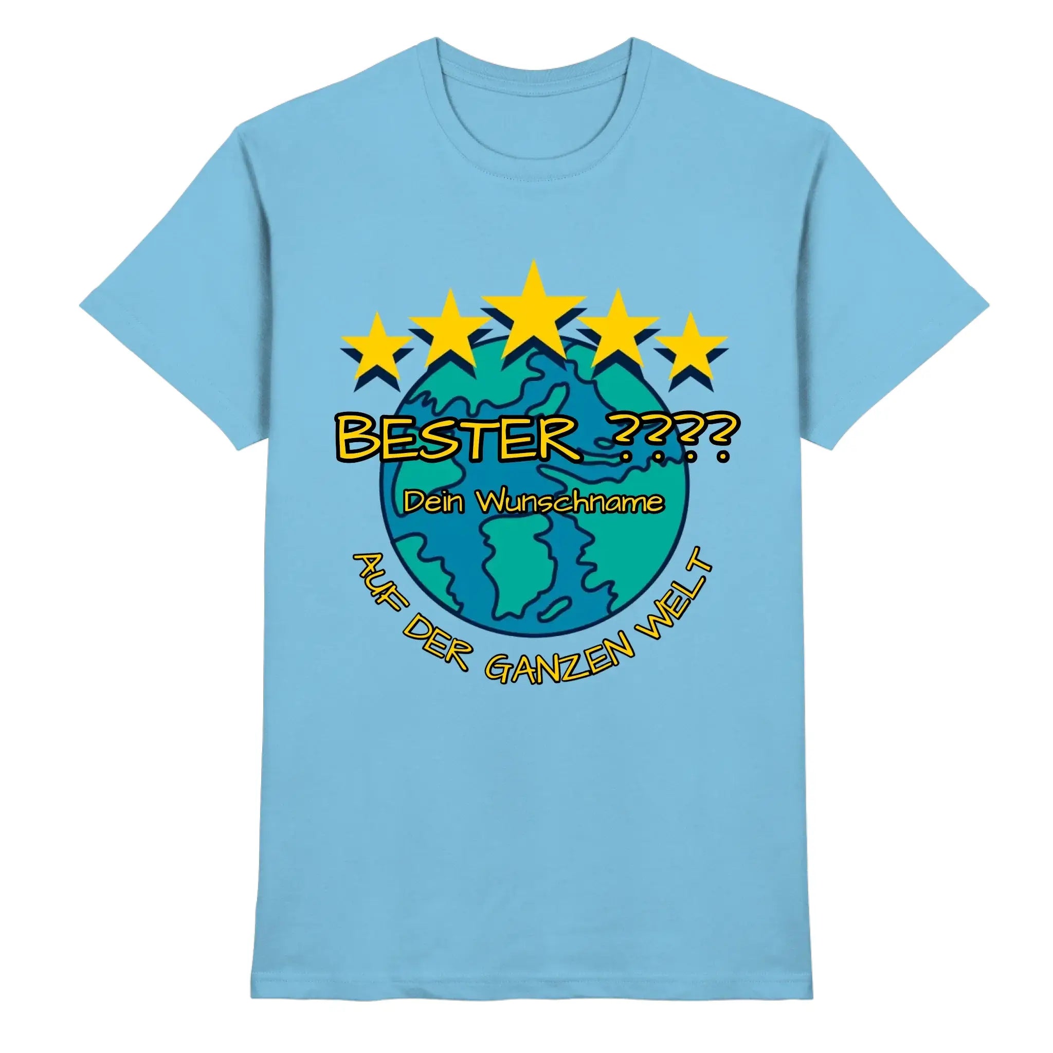 Hellblaues baumwollshirt mit cartoon globe, fünf gelben sternen und deutschem text bester ??? dein wunschname auf der ganzen welt