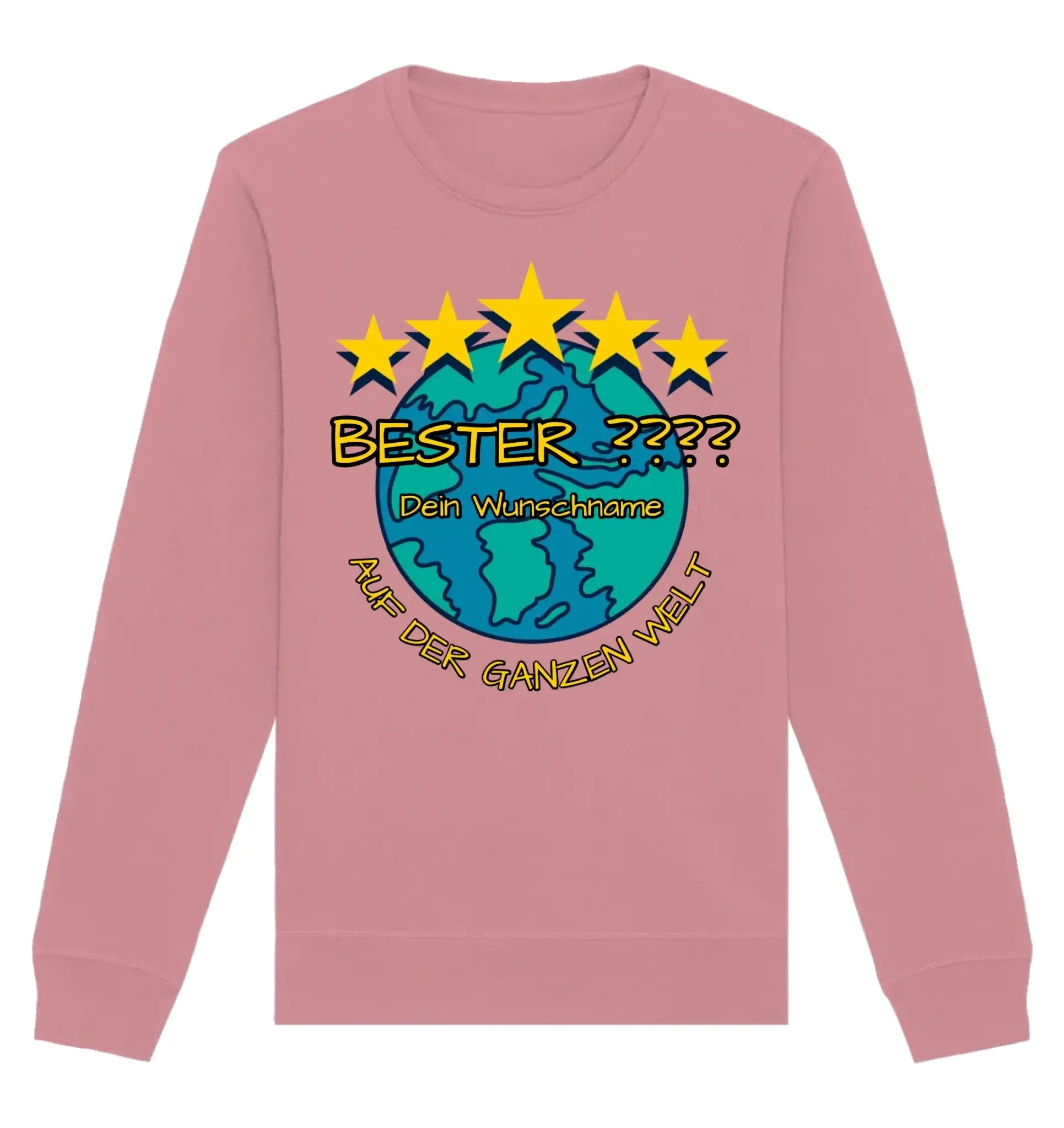 Ein weiches rosa sweatshirt mit buntem erdmotiv und fünf gelben sternen personalisiert mit wunschtext