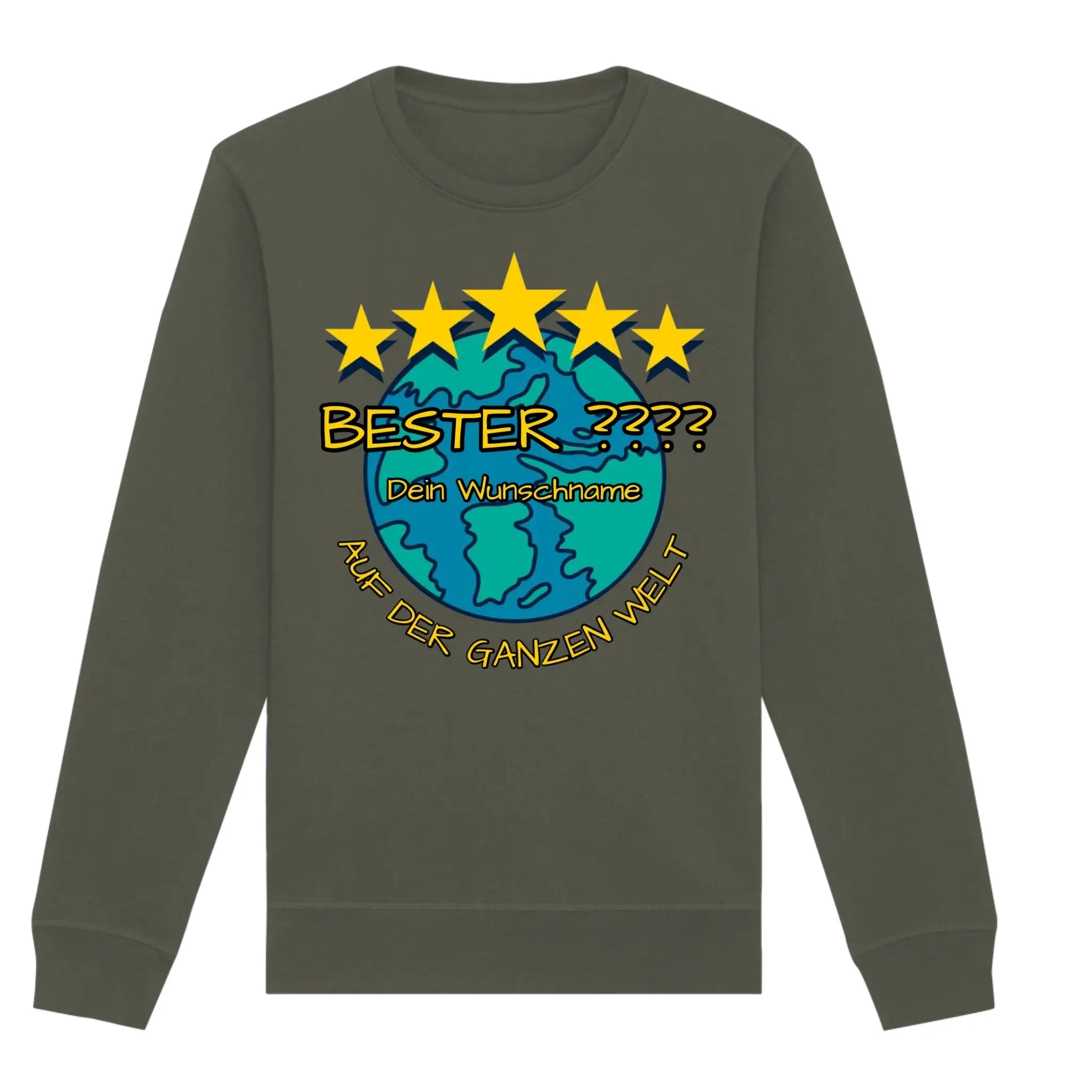 Olivegrüner langarm sweatshirt mit buntem erde globe motiv und fünf gelben sternen aus der 5 sterne statement kollektion