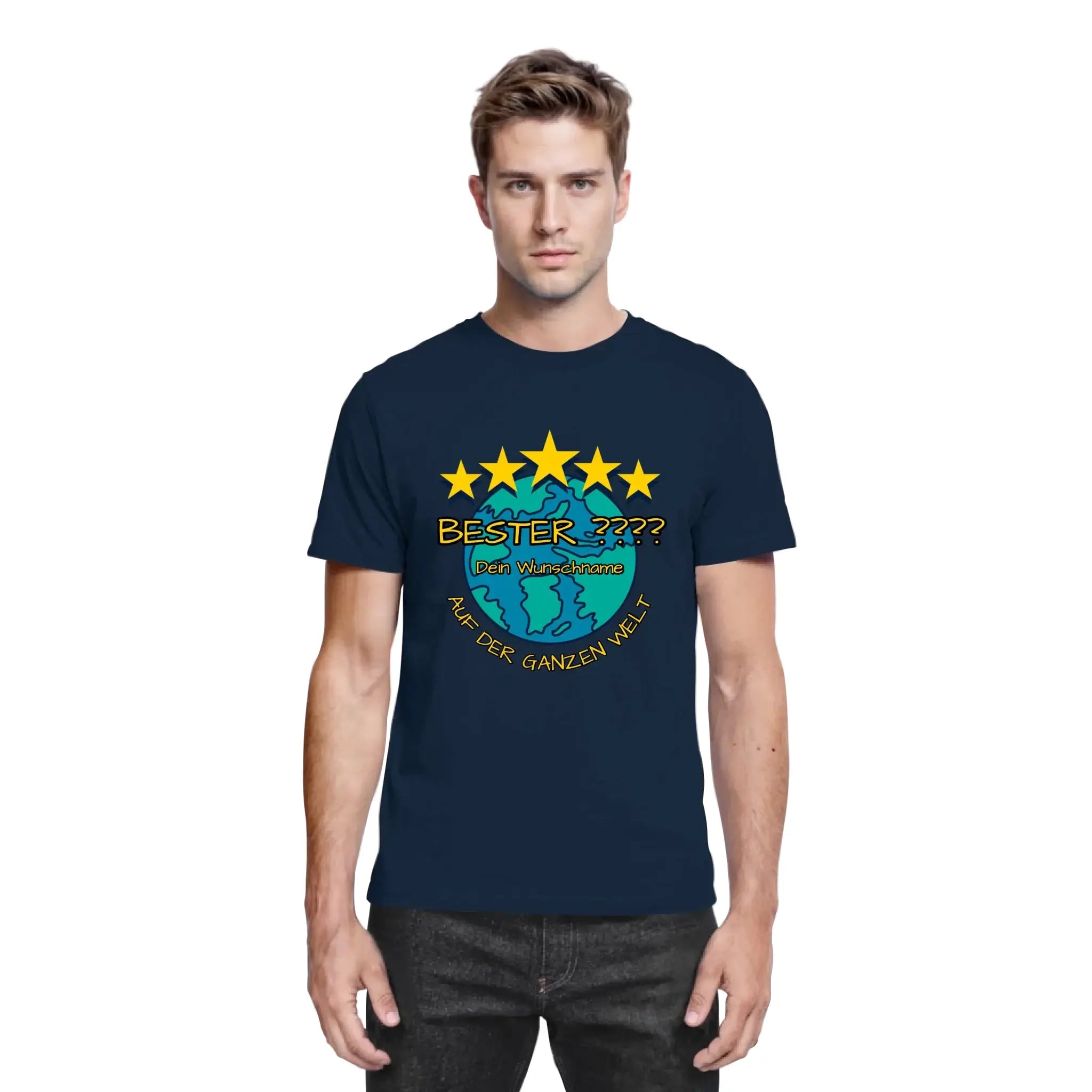 Navy blaue baumwoll t shirt mit 5 gelben sternen und globe design personalisiert aus der statement collection