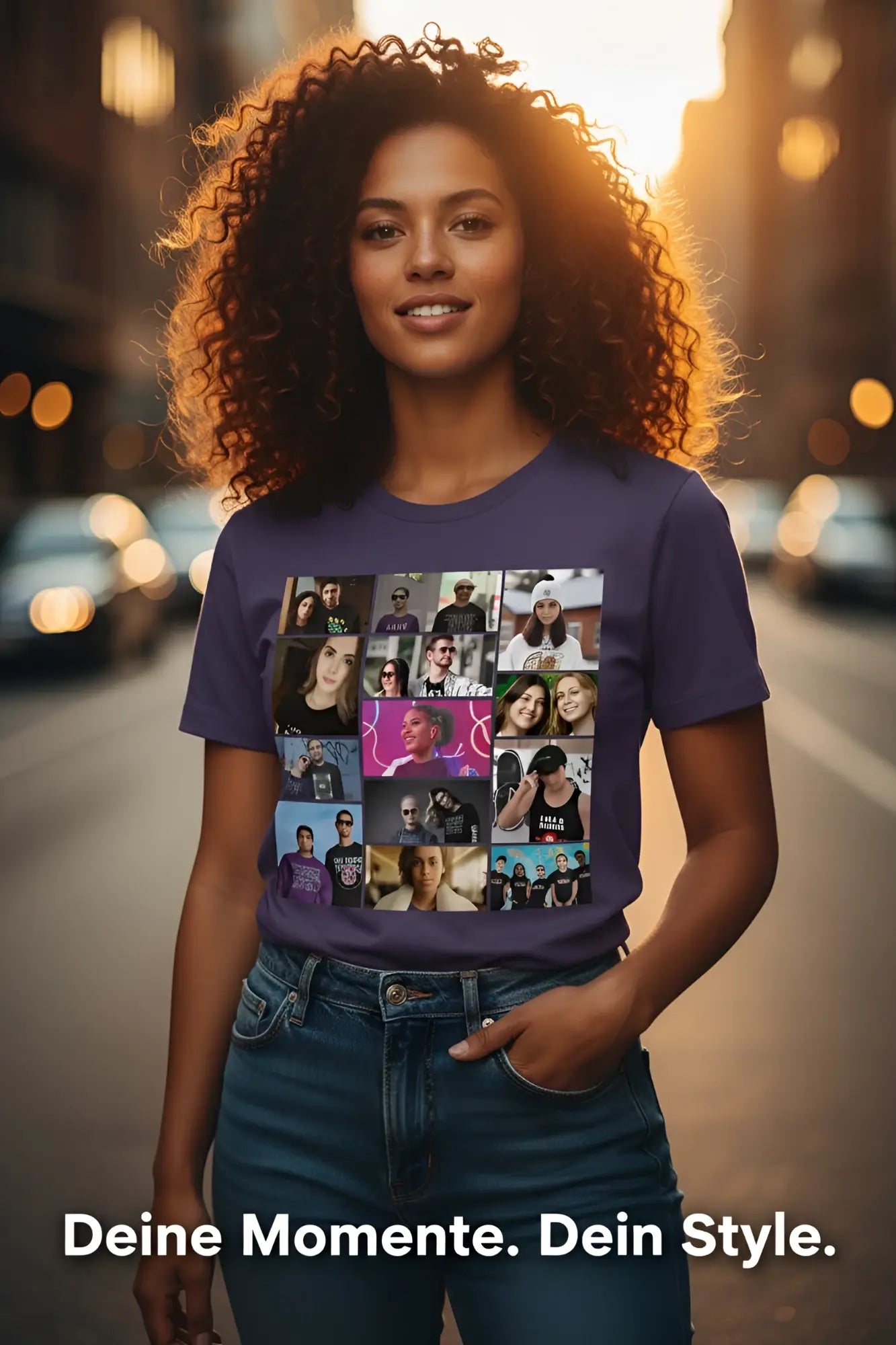 Lila unisex bio baumwolle t shirt mit collage aus 13 bilder grid fashion für damen und herren