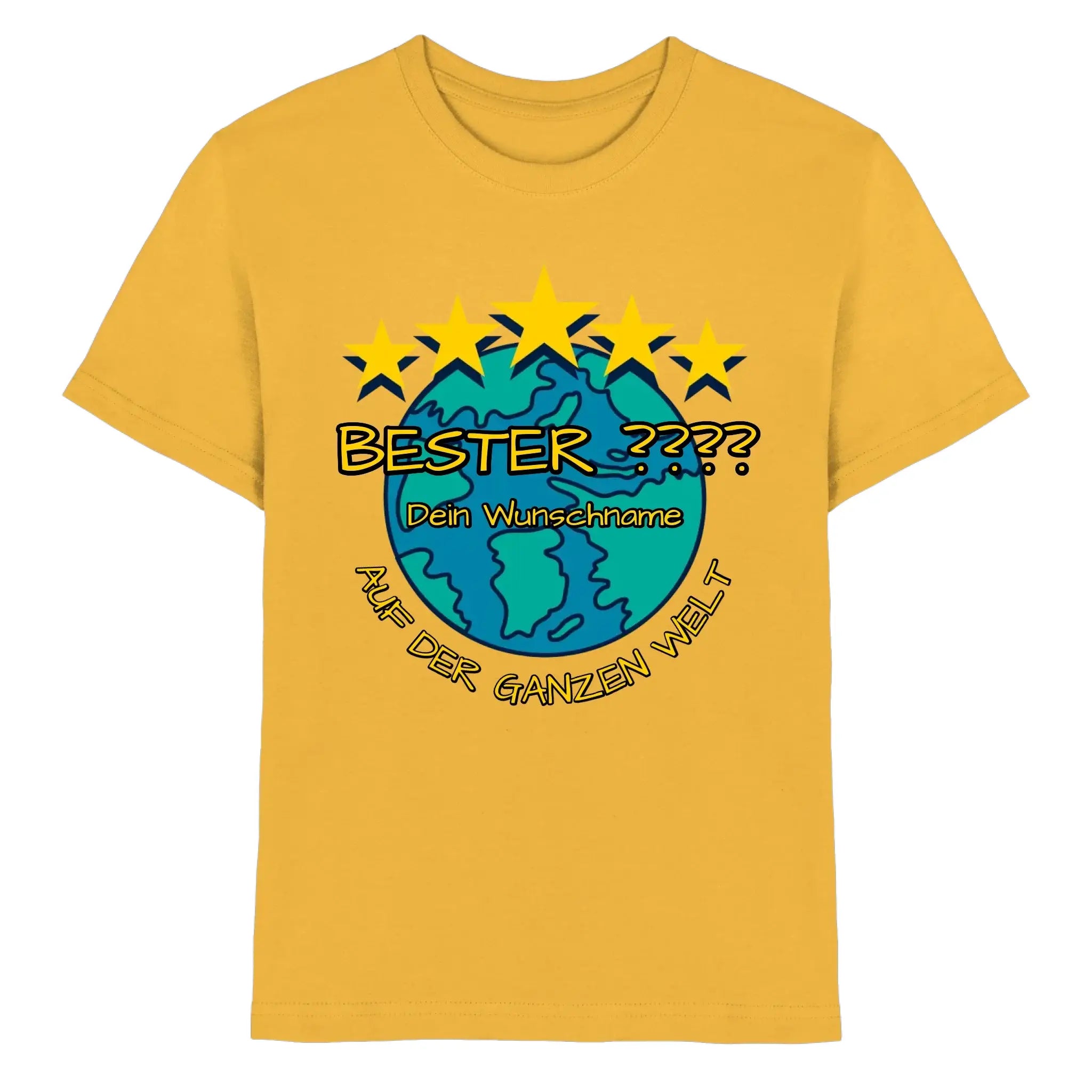 Gelbes kurzarmshirt mit cartoon erdkugel und fünf sternen plus bester text in fetter schrift aus statement-collection