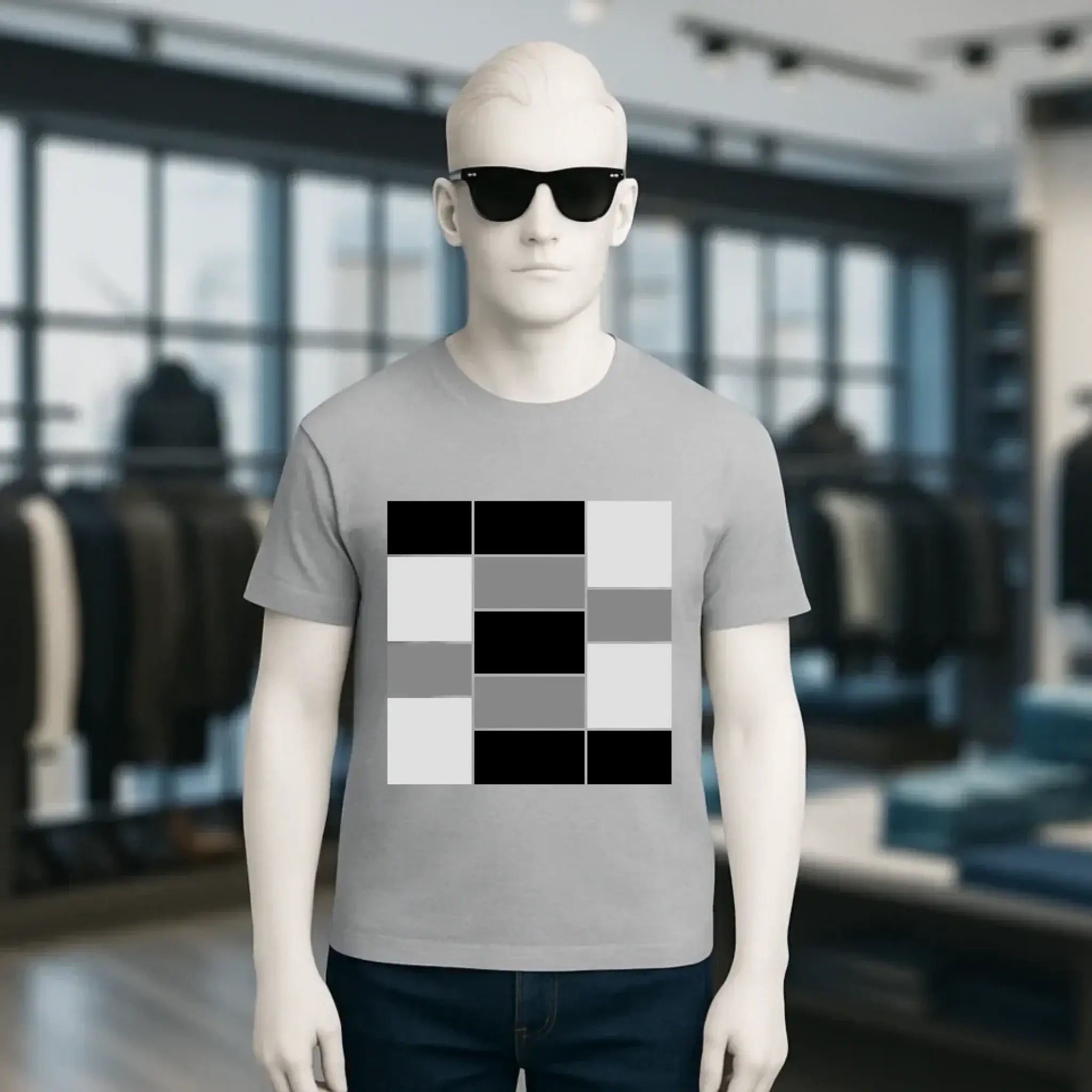 Graues unisex premium bio baumwoll t shirt mit kurzarm und auffälligem schwarz weiß grau geometrischem gittermuster