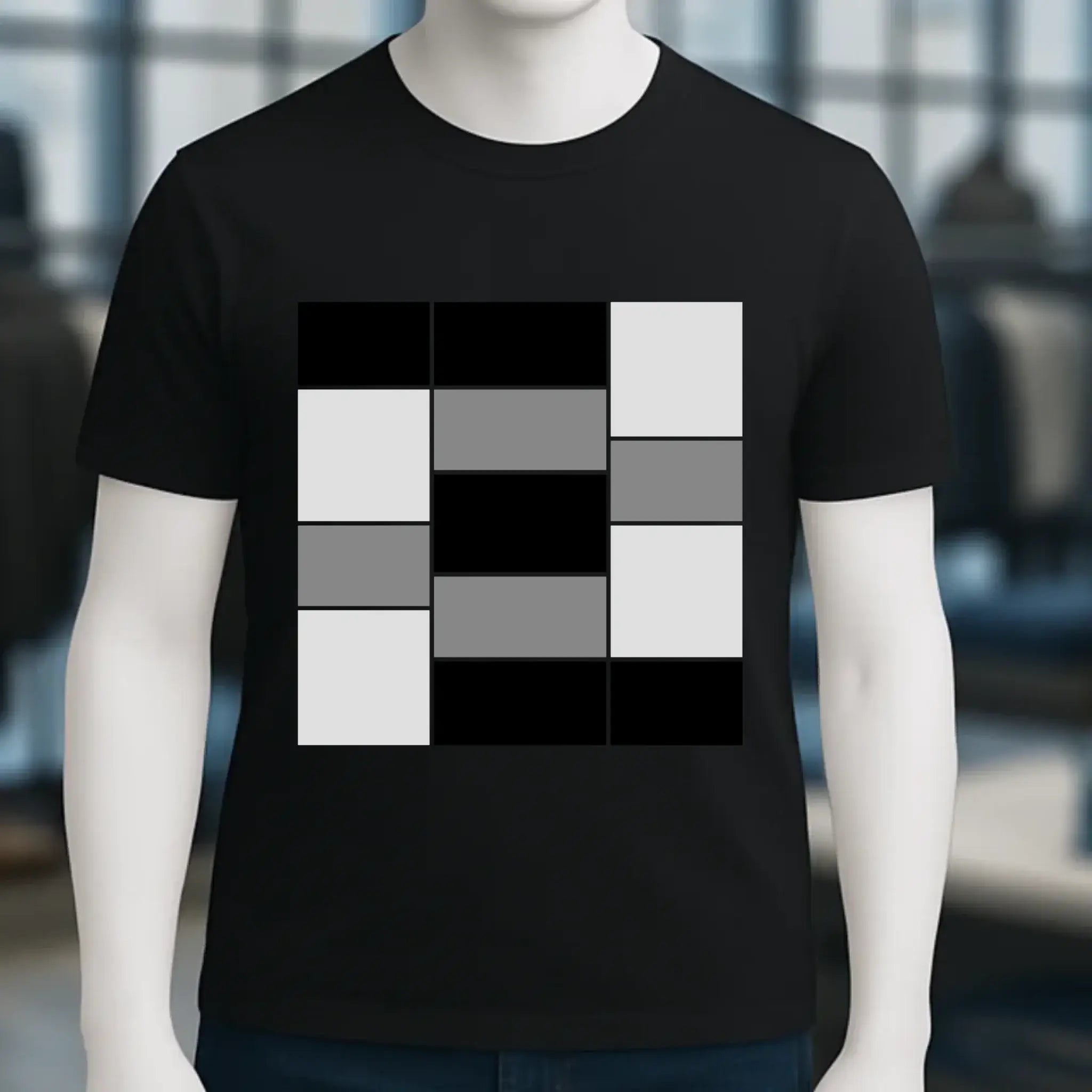 Black unisex premium t shirt mit mutigem geometrischen muster aus bio baumwolle perfekt für damen und herren