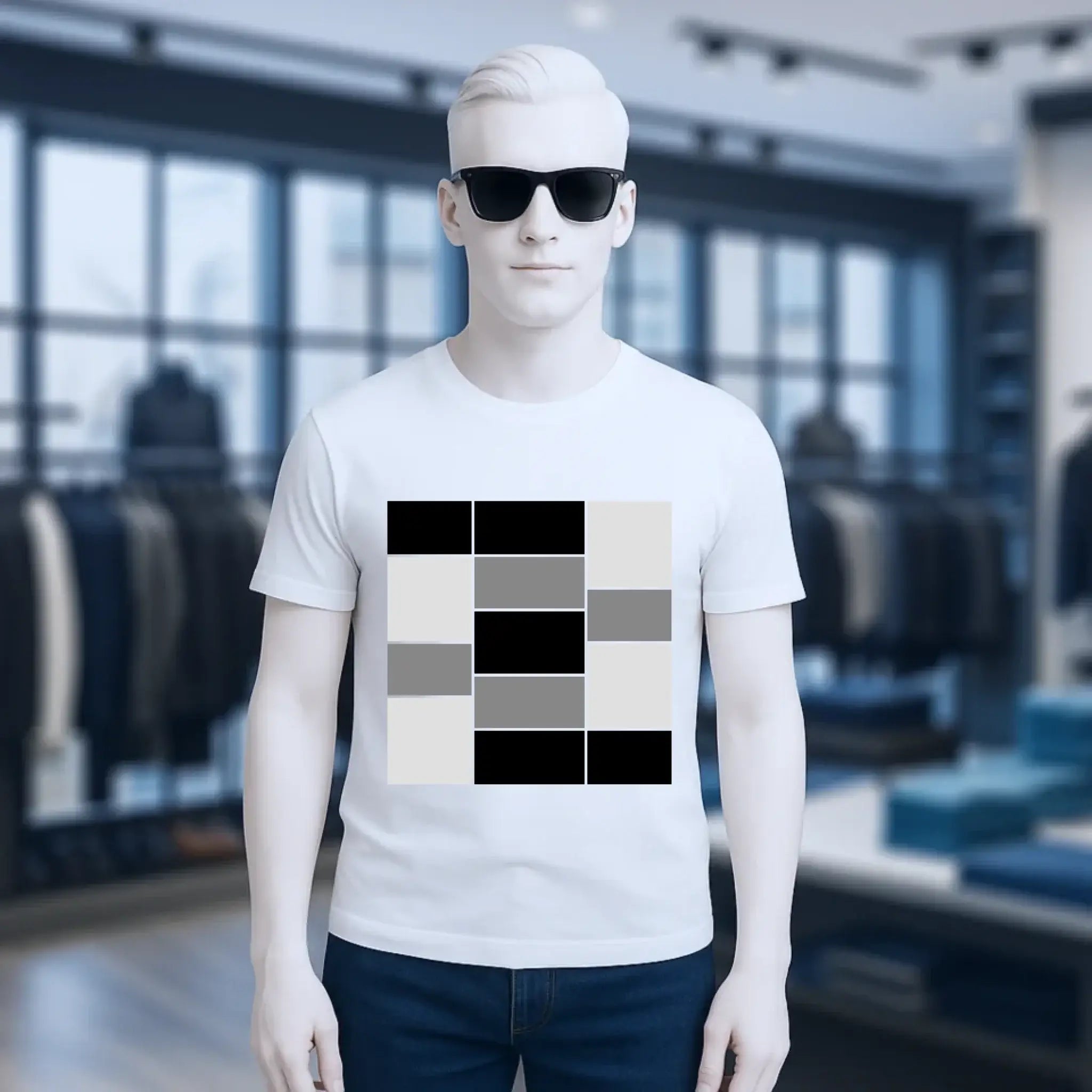 White t-shirt mit geometrischem muster aus schwarzen grauen und beigen quadraten unisex bio baumwolle