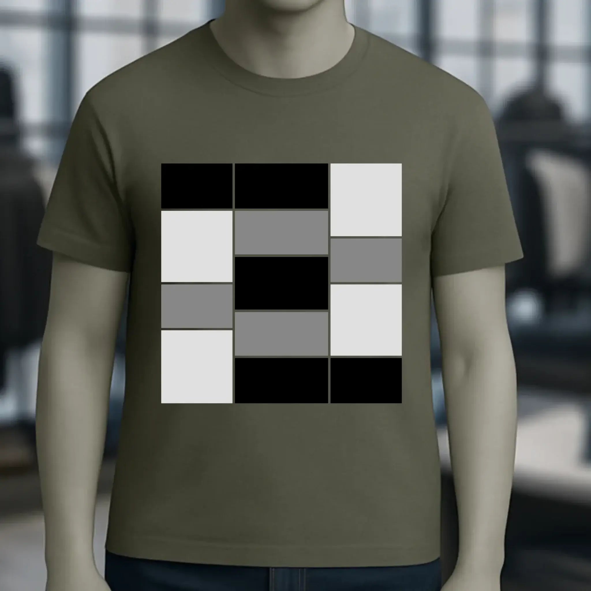 Olivegrünes unisex premium t-shirt aus bio-baumwolle mit mutigem geometrischem muster aus schwarzen weißen und grauen quadraten