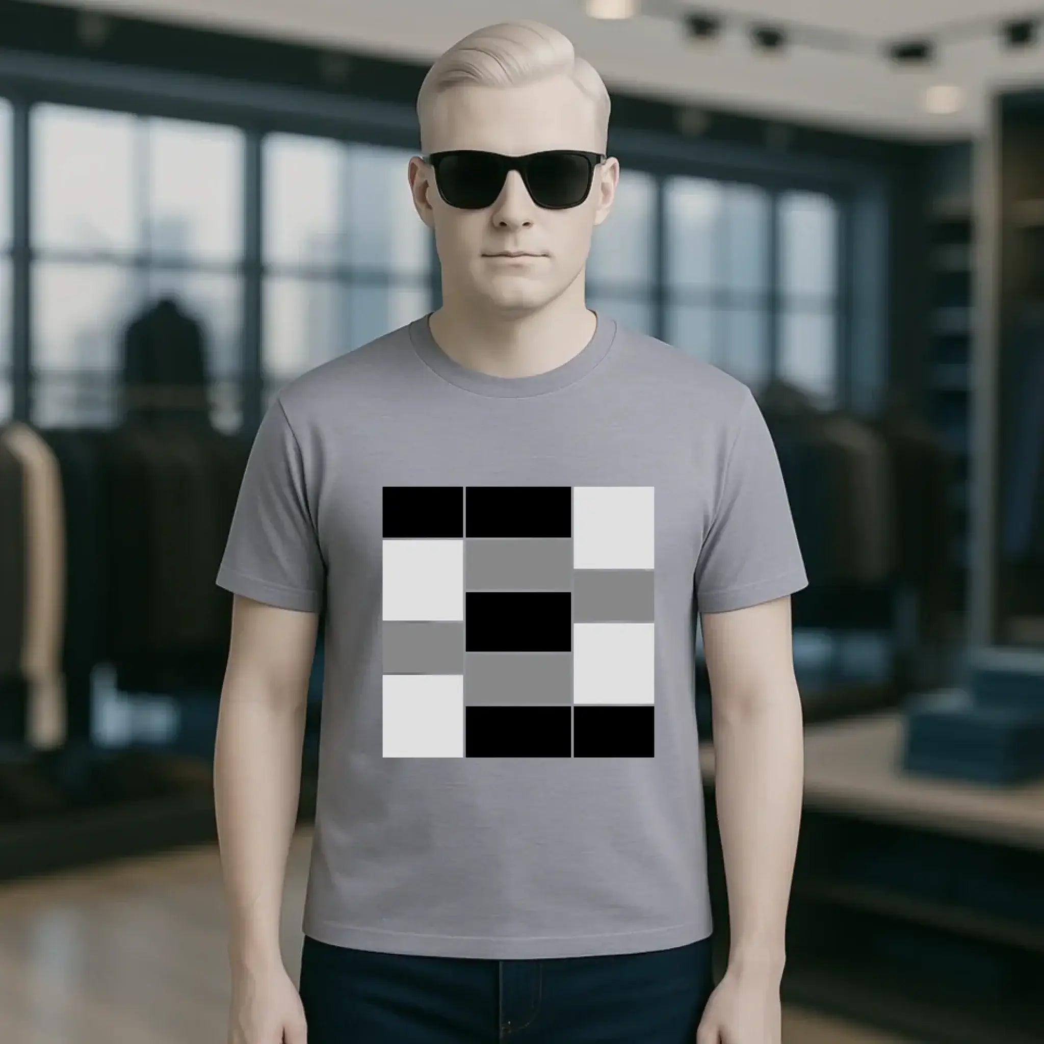 Graues unisex t-shirt aus bio-baumwolle mit mutigem schwarz weiß grau geometrischem muster auf der brust