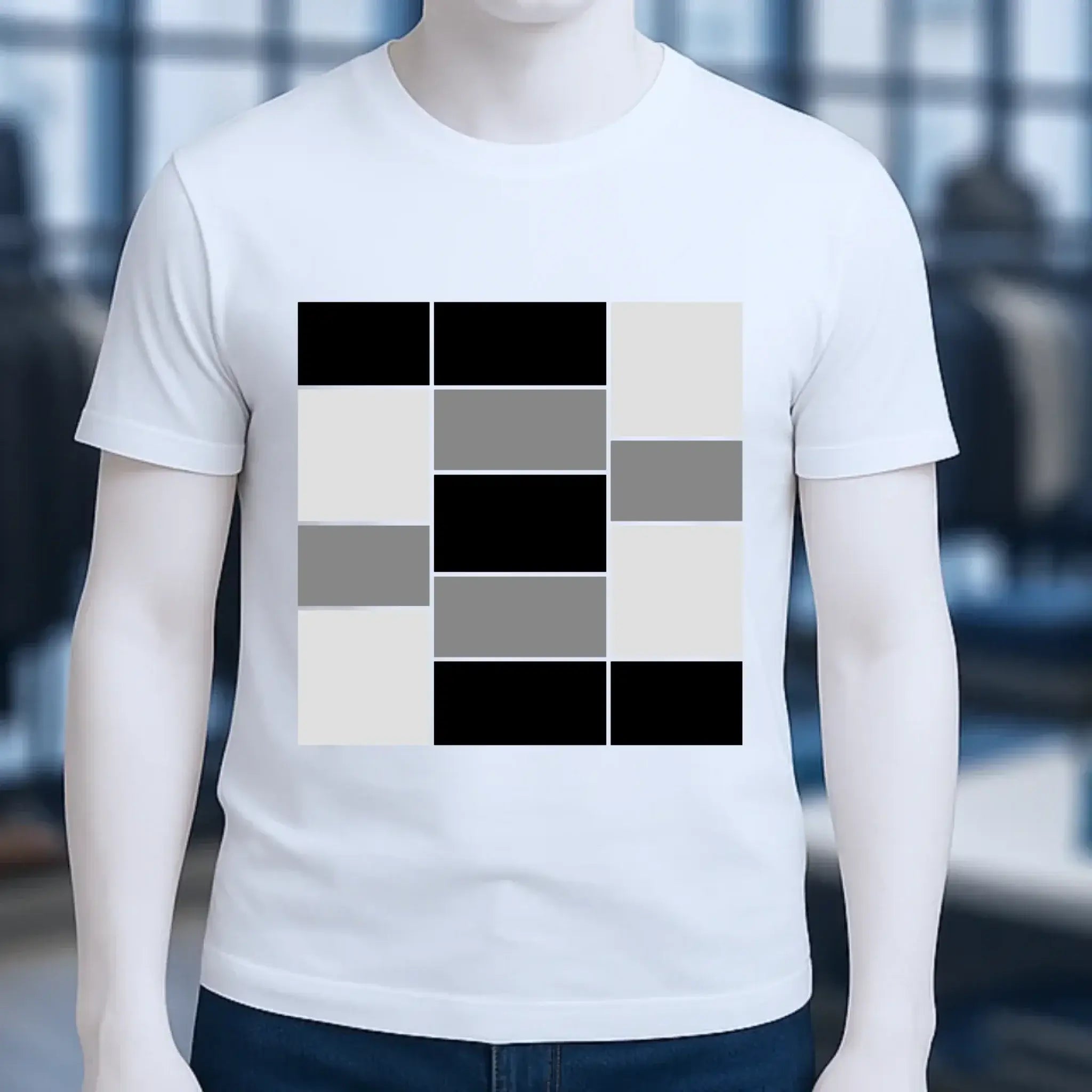 Weißes unisex premium t-shirt aus bio-baumwolle mit modernem geometrischem muster aus rechtecken in schwarz grau offwhite