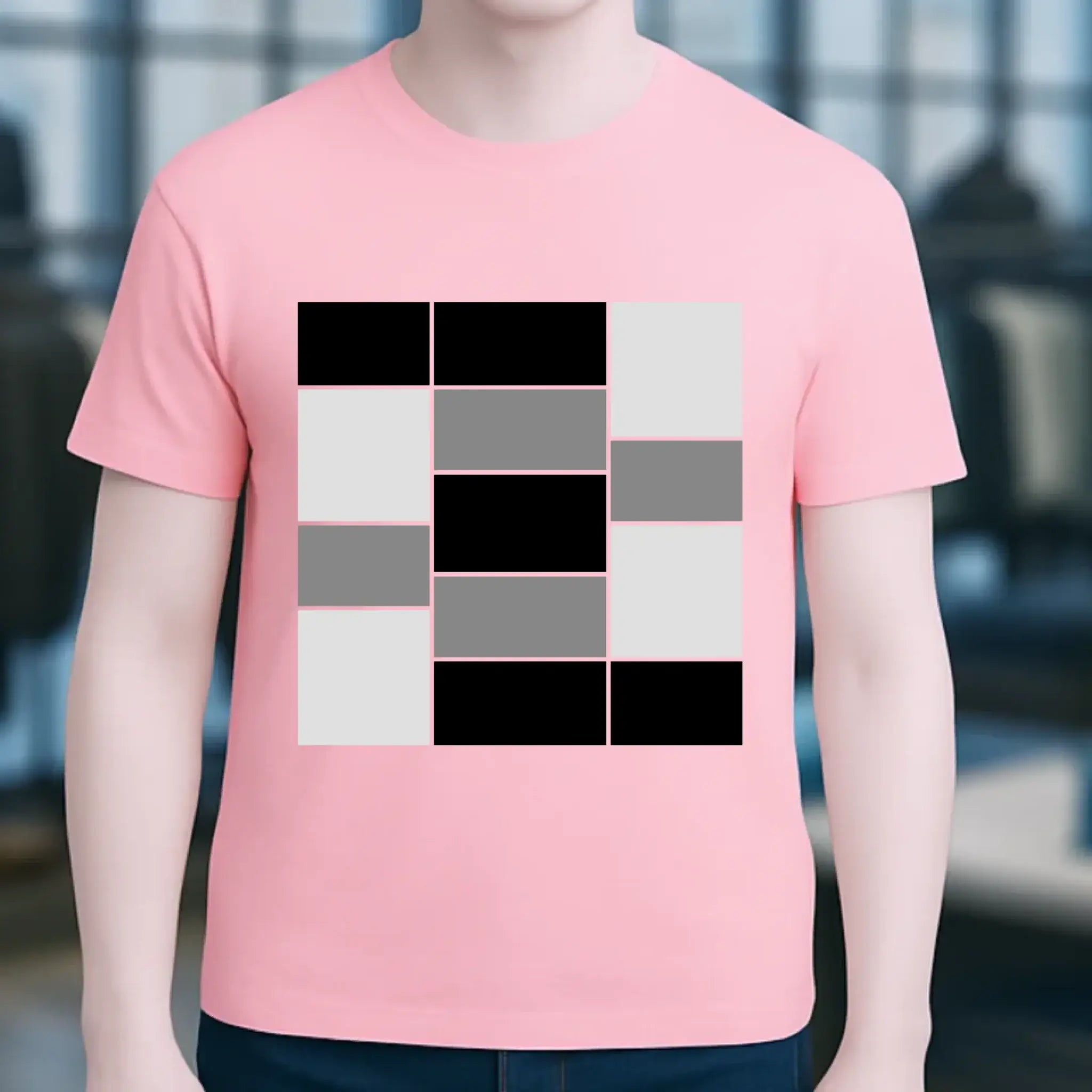 Pink unisex premium t shirt aus bio baumwolle mit geometrischem muster aus schwarzen grauen und weißen rechtecken