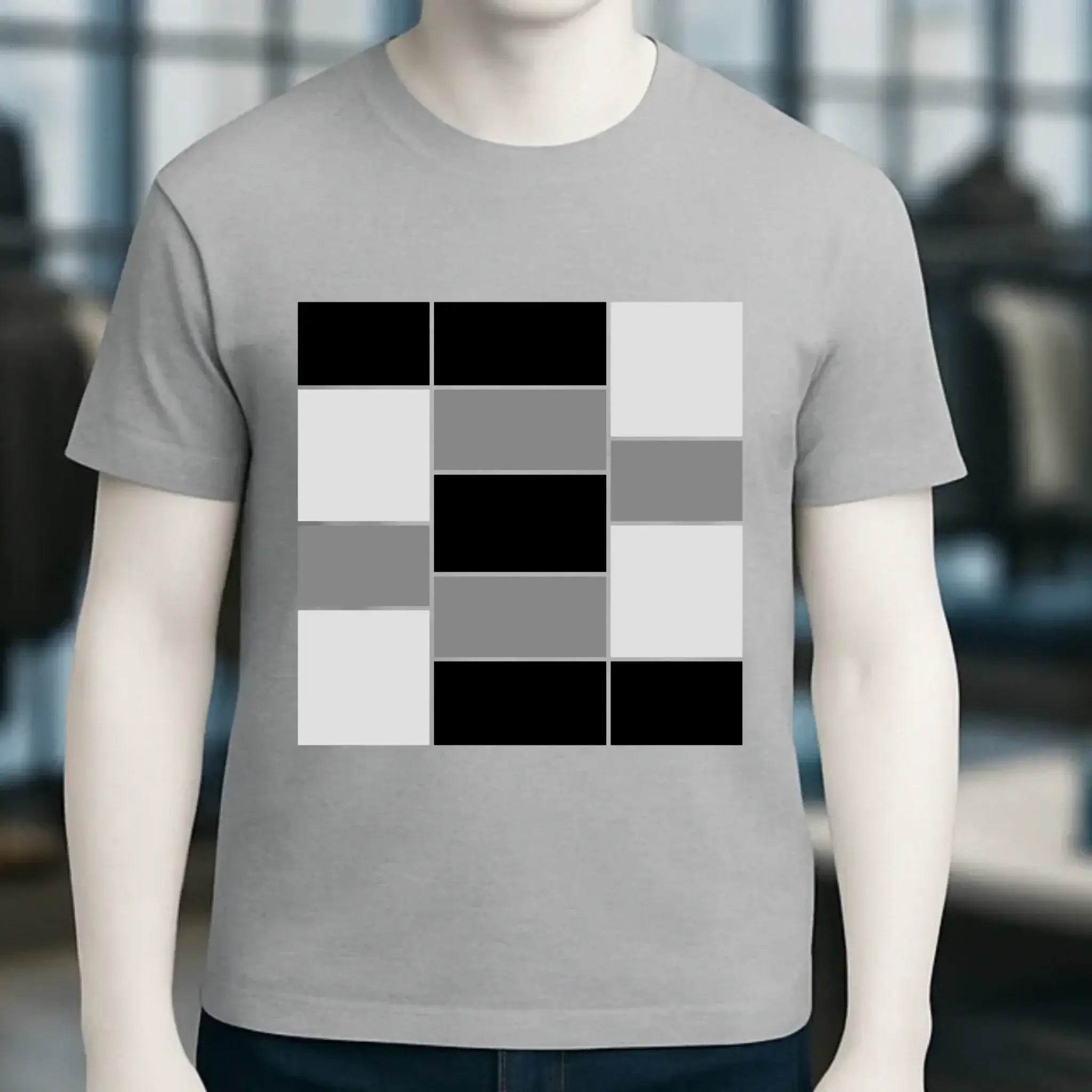 Graues unisex t-shirt mit fettem geometrischem muster aus schwarzen weißen und grauen quadraten aus bio baumwolle