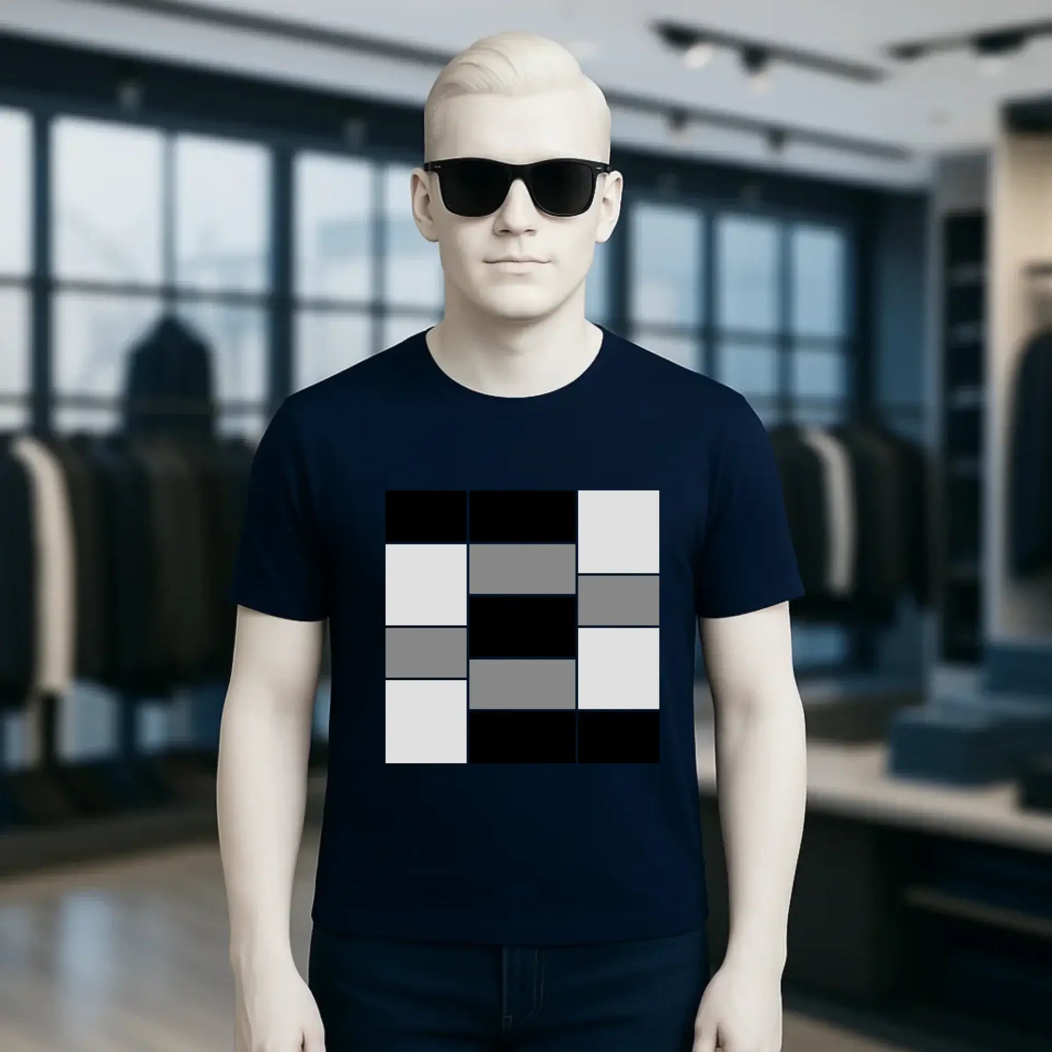 Marine blaues unisex premium t shirt aus bio baumwolle mit geometrischem pixel muster in schwarz weiß grau am brustbereich