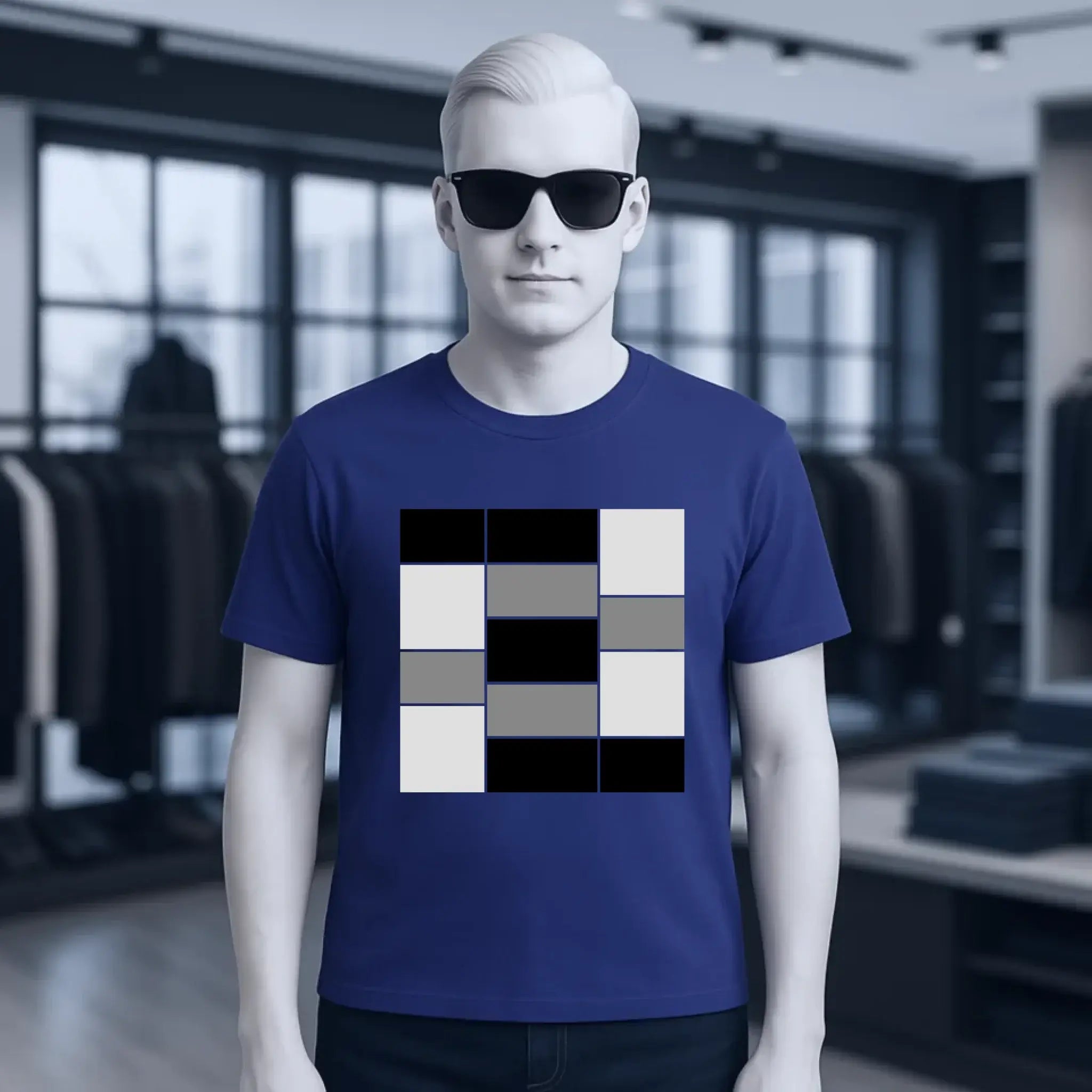 Navyblaues unisex premium t shirt aus bio baumwolle mit kurzem arm und geometrischem karomuster auf der brust
