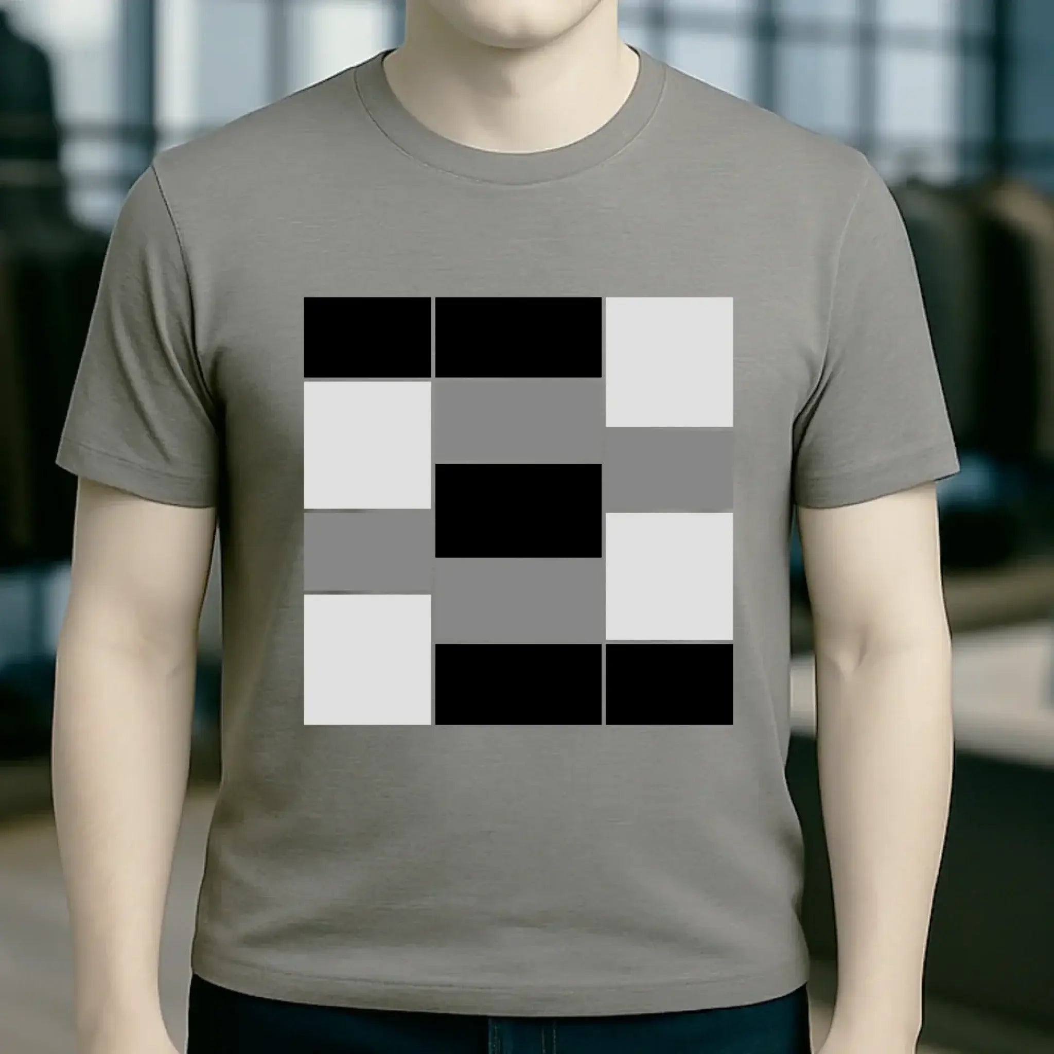Unisexe premium t-shirt aus bio-baumwolle in grau mit fettem geometrischem schwarz-weiß-grau muster auf der brust