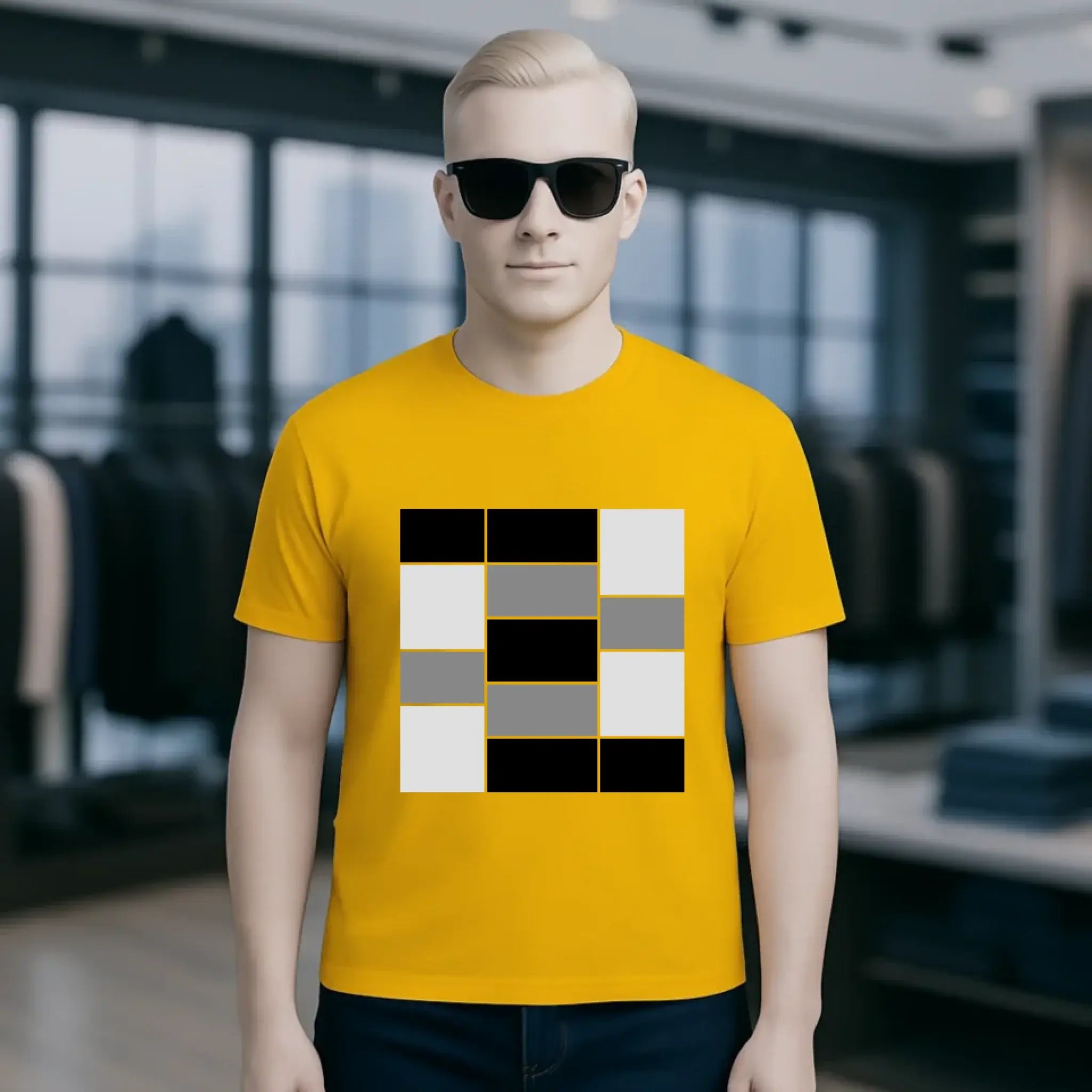 Ein unisex bio baumwolle t-shirt in gelb mit kurzem arm und geometrischem schwarz weiß grauem muster auf der brust
