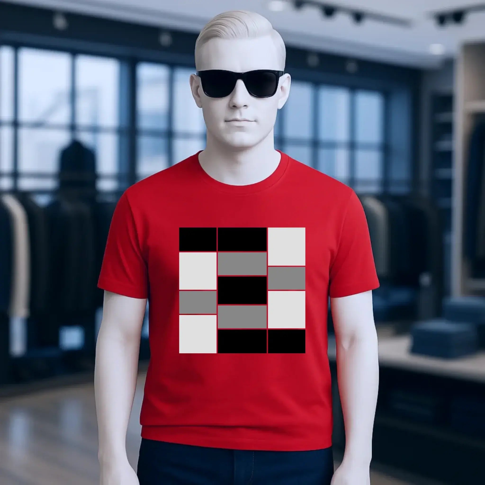 Unisex premium t-shirt aus bio-baumwolle mit rotem kurzarm und geometrischem muster aus schwarzen grauen und cremefarbenen quadraten