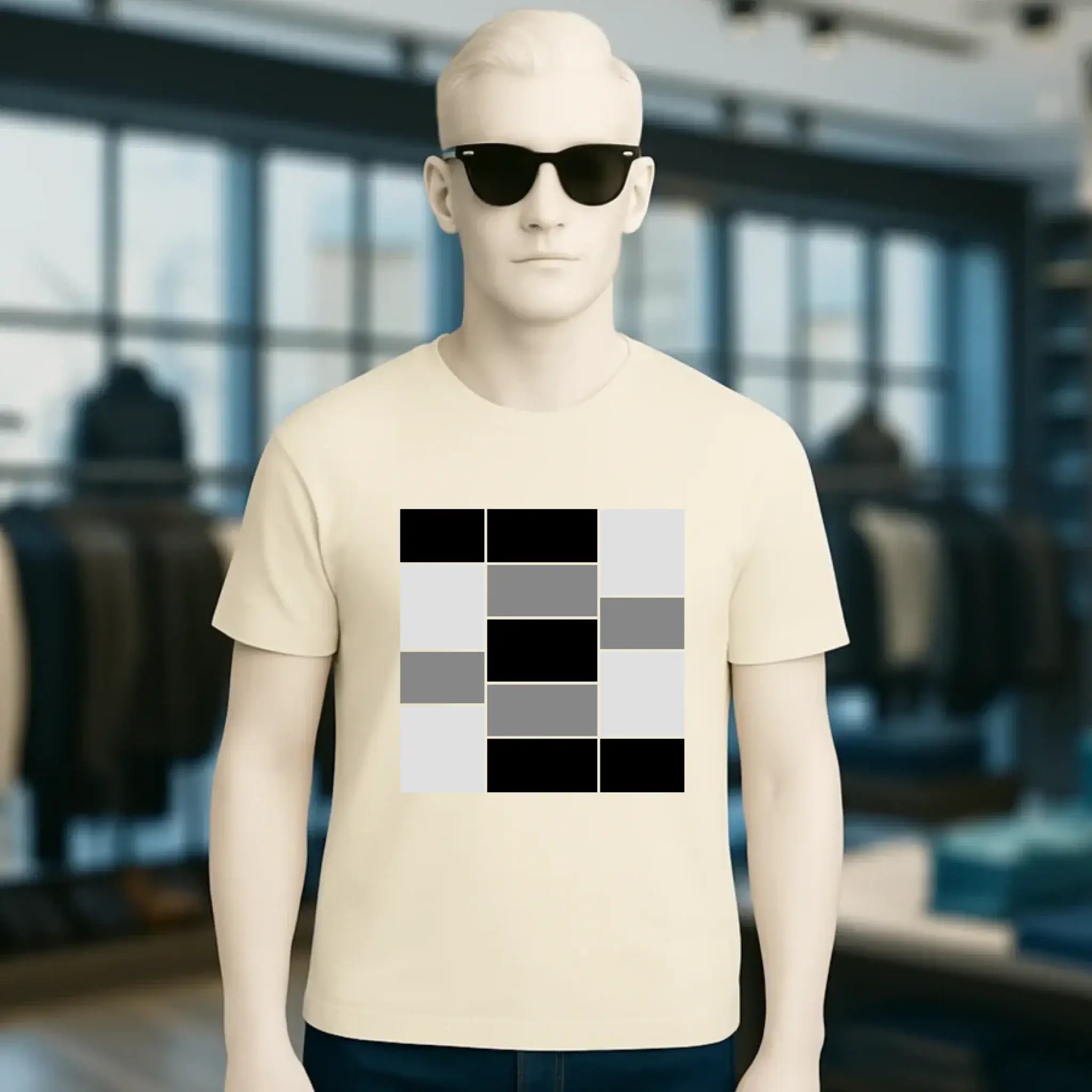 Creamfarbenes unisex premium t shirt aus bio baumwolle mit kühnem geometrischem muster aus schwarzen grauen und weißen quadraten