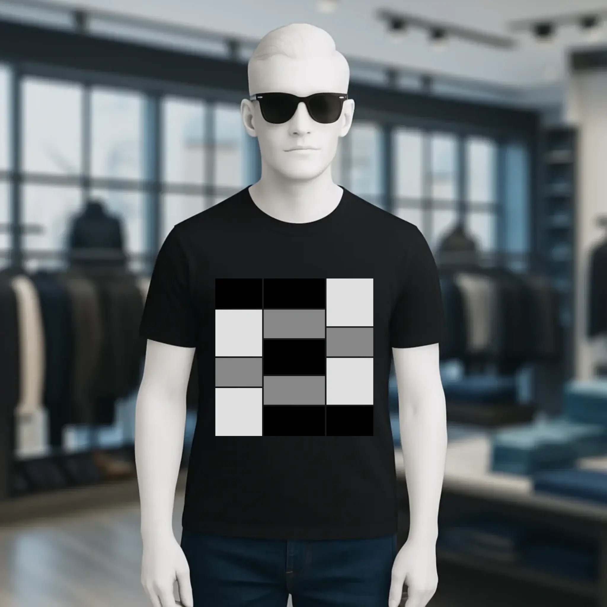 Schwarzes unisex premium t shirt mit 13 bilder collage und geometrischem muster aus bio baumwolle xs 5xl