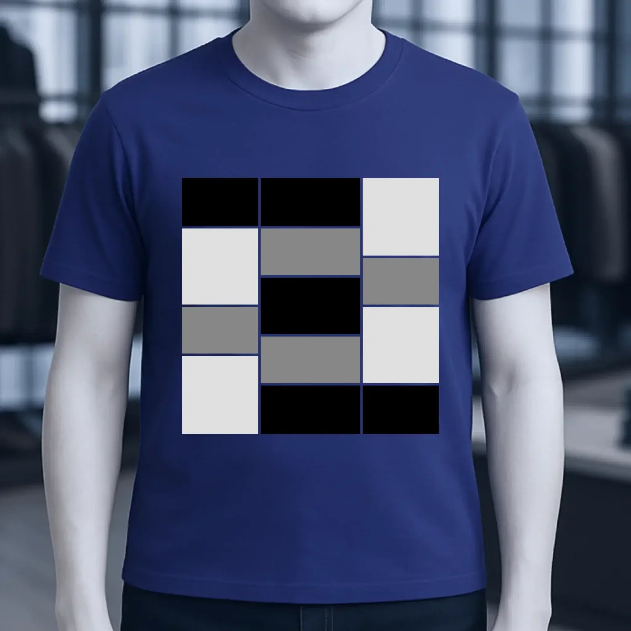 Marine blaues unisex t-shirt mit geometrischem rastermuster aus bio-baumwolle, größen xs bis 5xl