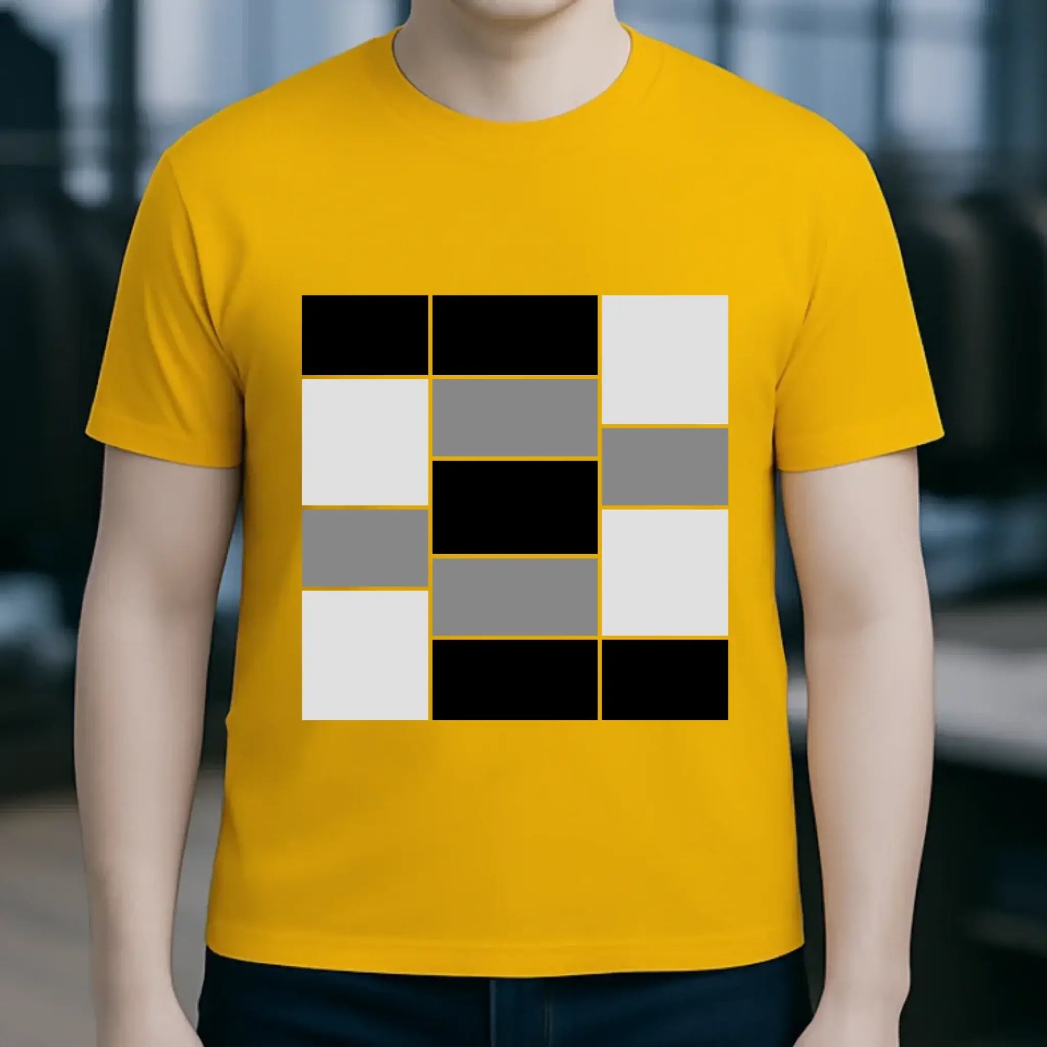 Ein gelbes unisex bio baumwolle t shirt mit kurzem arm und geometrischem schwarz weiß grau muster in collage style