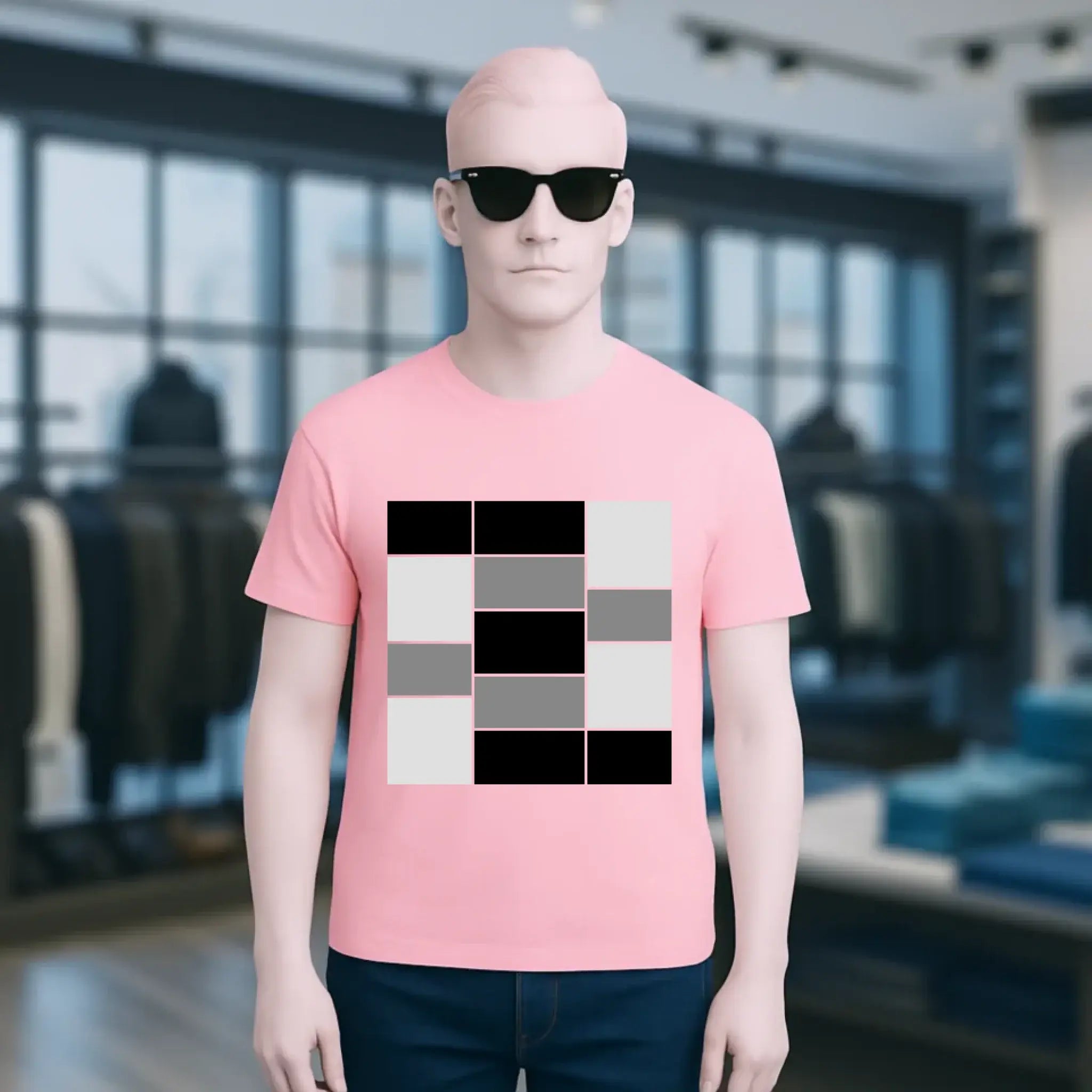 Pink kurzarm bio baumwolle t shirt mit geometrischem muster aus schwarzen grauen und weißen quadraten unisex premium