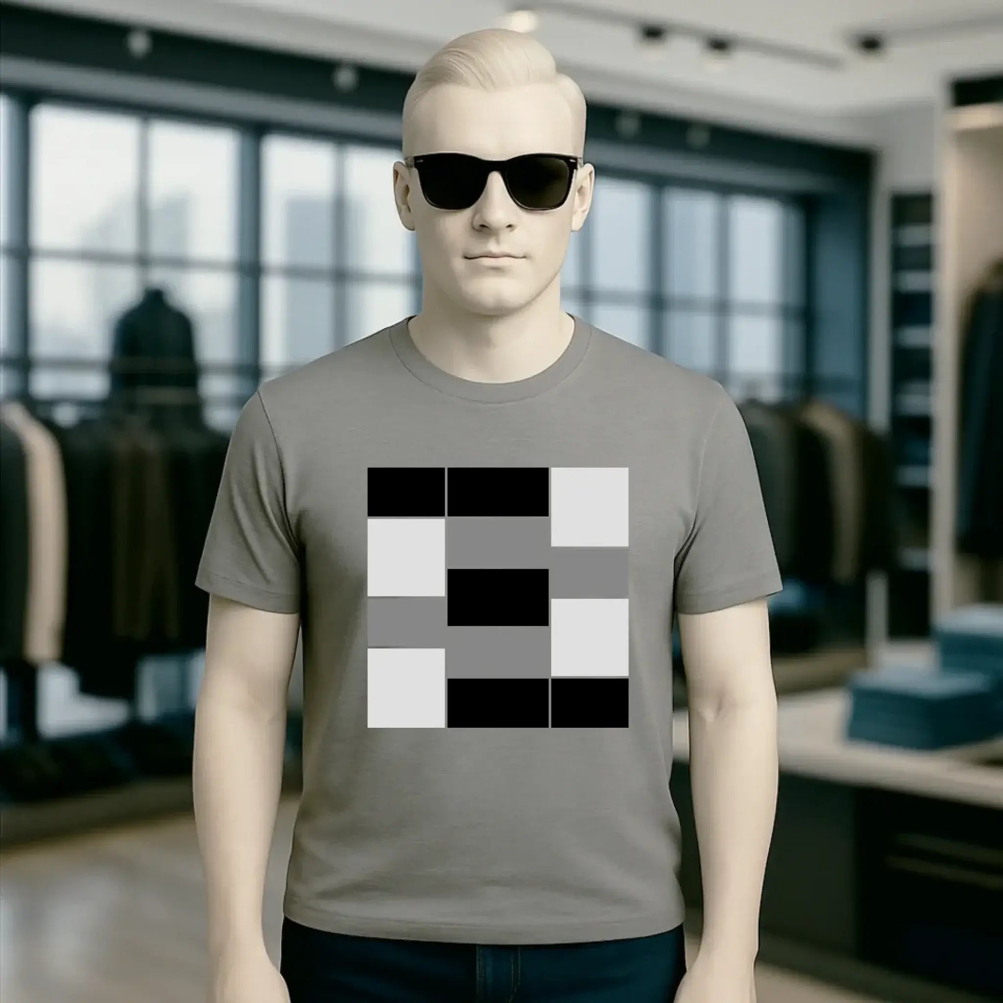 Graues unisex premium t-shirt aus bio-baumwolle mit pixeligem schwarz-weiß-grauen quadrat auf der brust