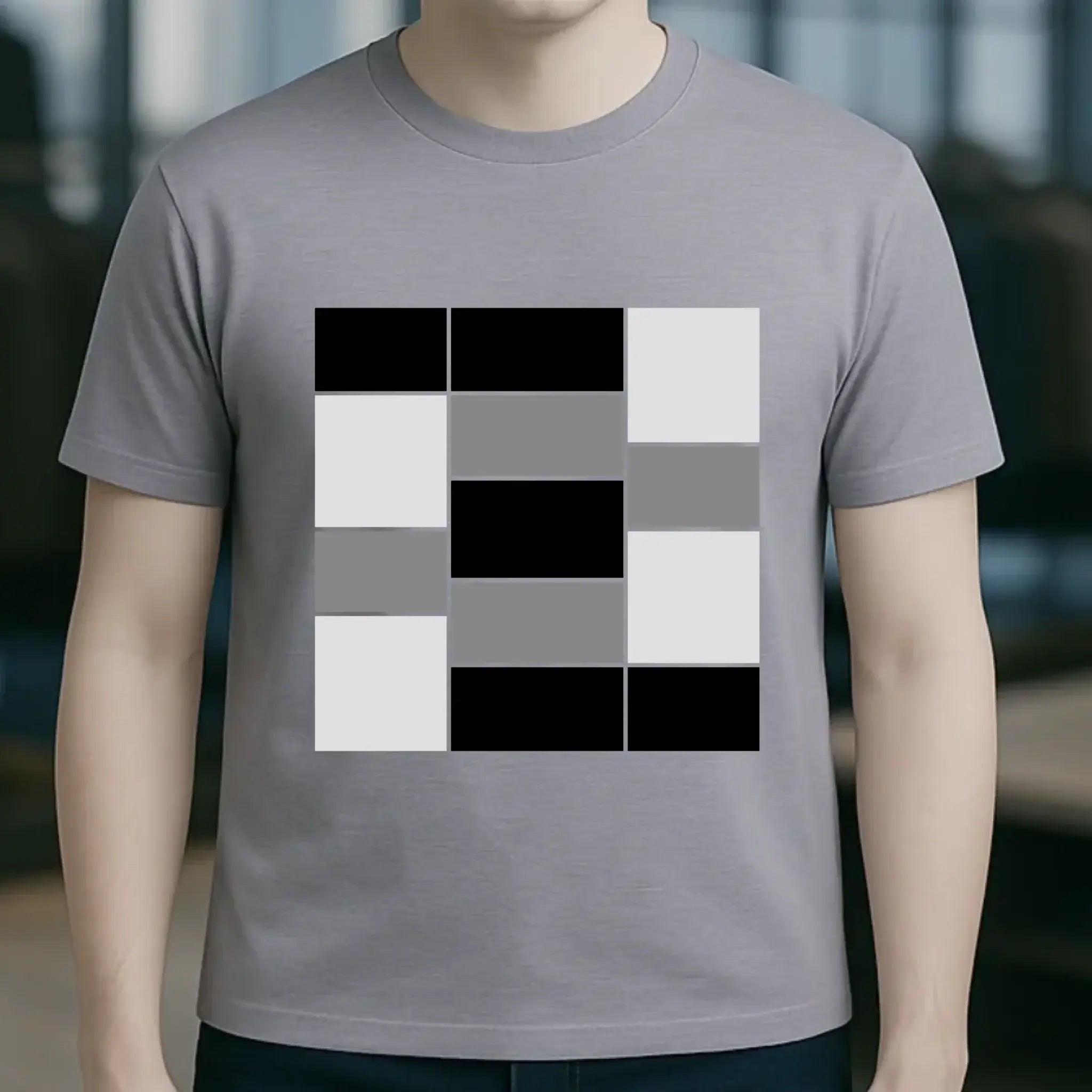Graues unisex bio baumwoll t shirt mit kurzärmeln und geometrischem schwarz weiß grauem quadratmuster am brustbereich