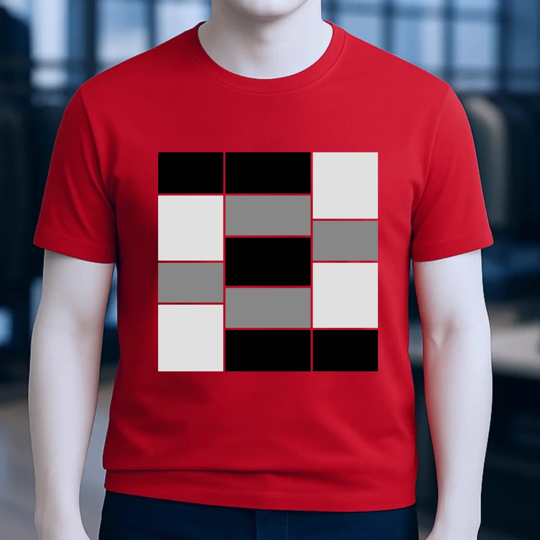 Rotes unisex premium t-shirt aus bio-baumwolle mit schwarzem, weißem und grauem geometrischem muster in quadraten