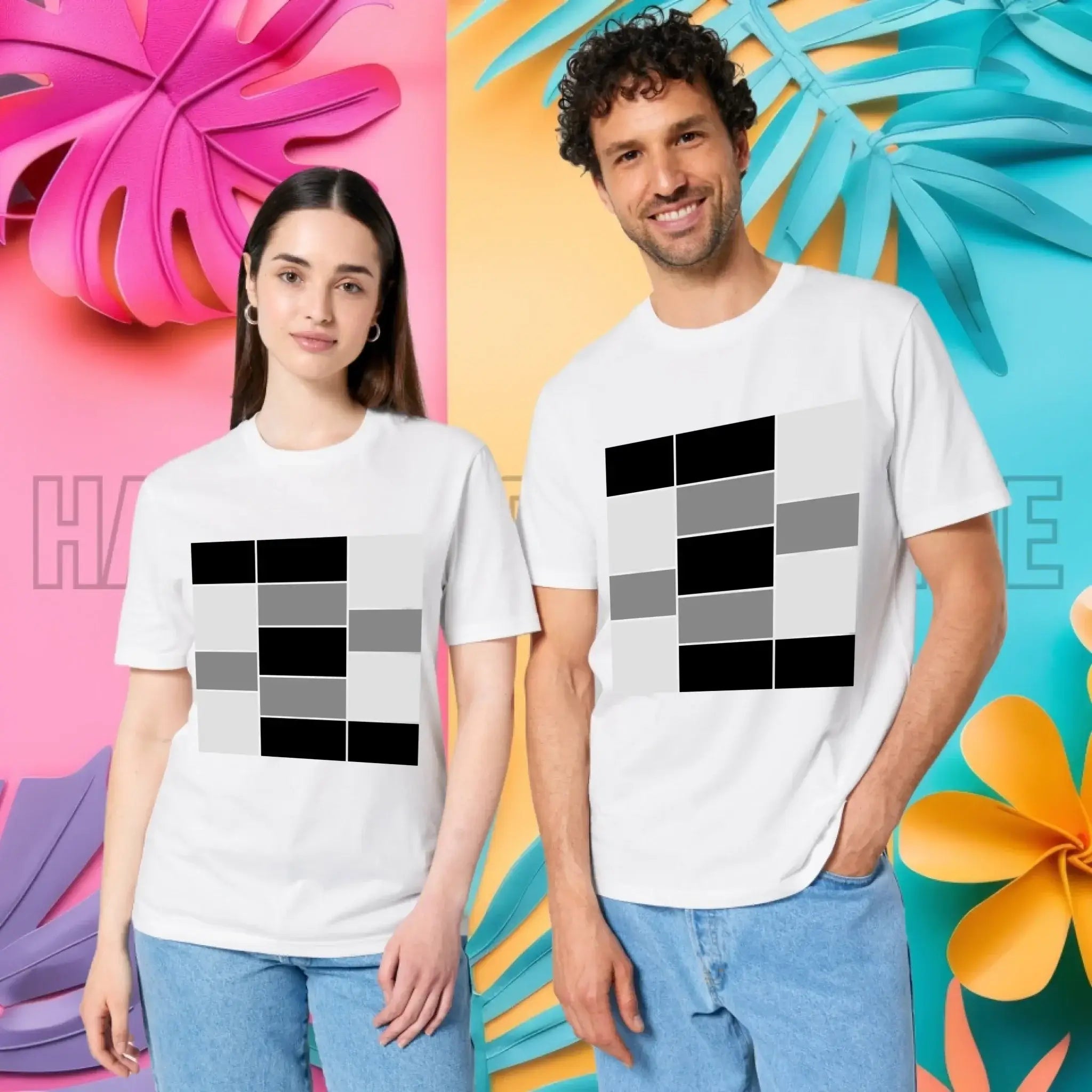 Weißes unisex premium t shirt aus bio baumwolle mit fettem schwarz grauem geometrischem raster auf der brust