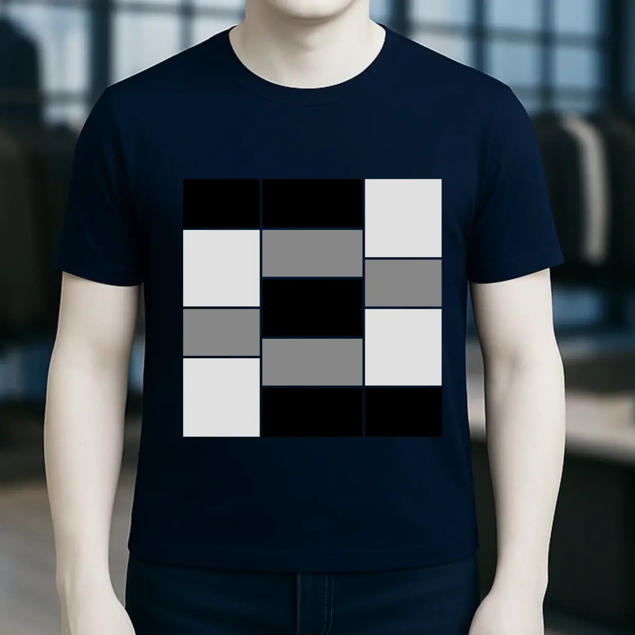 Marine blaues unisex premium t shirt aus bio baumwolle mit geometrischem rastermuster aus schwarzen weißen grauen quadraten