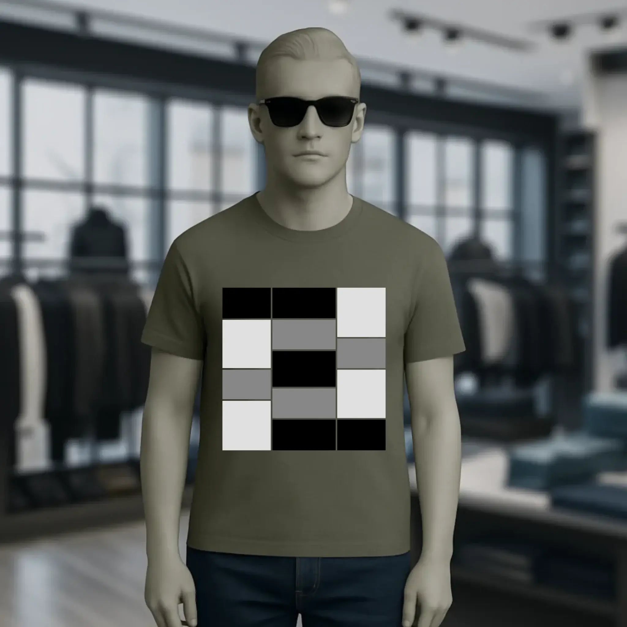 Olivegrünes unisex premium t-shirt aus bio baumwolle mit kurzem ärmel und schwarz weiß grauem schachbrettmuster auf der brust