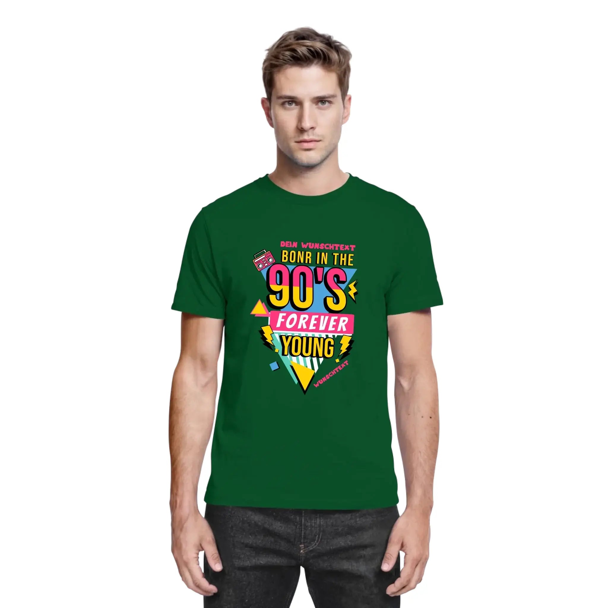 Dunkelgrünes baumwoll-t-shirt mit auffälligem 90er-jahre grafikdesign in gelb, pink und teal aus der statement-collection