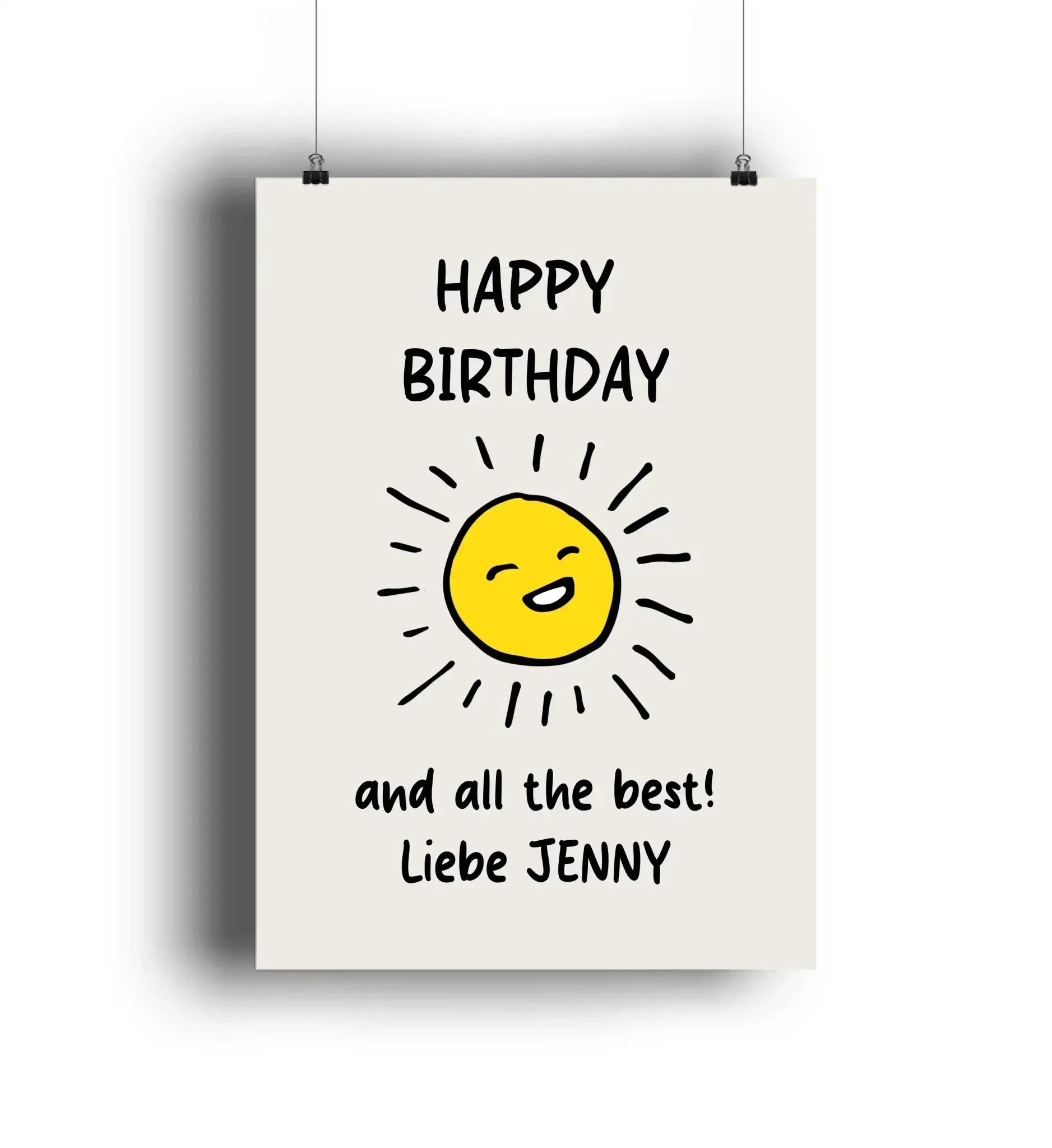 Geburtstag poster mit fröhlicher gelber sonne auf cremefarbenem hintergrund und schwarzem text aus der statement collection